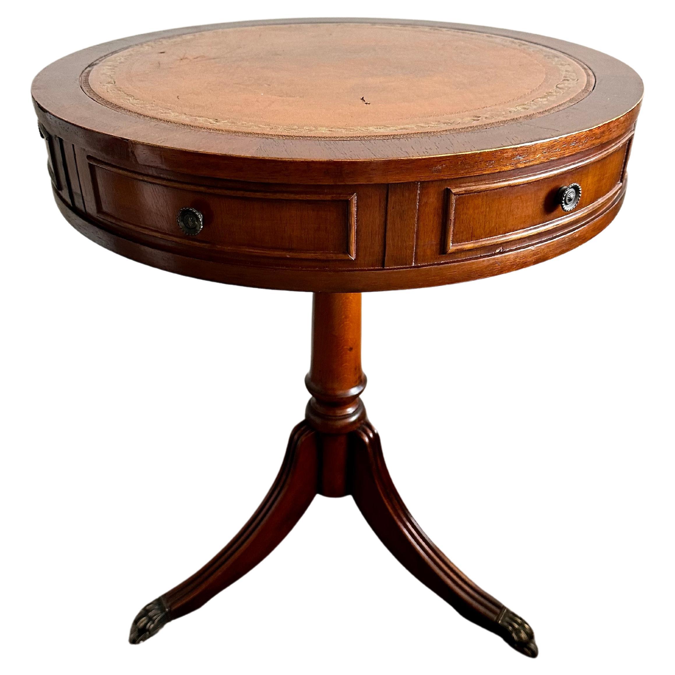 Regency Style Tan Leather Drum Side End Table with Drawers