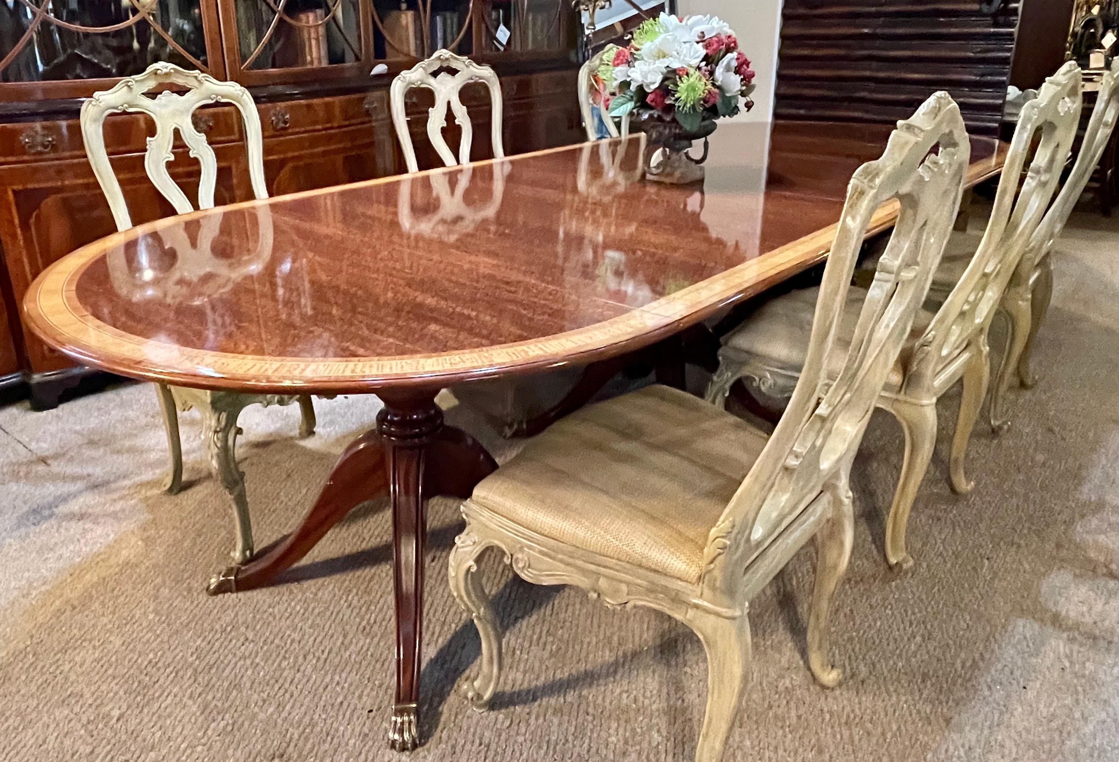 Georgian Regency Style Triple Pedestal Dining Room Table Banded and Fully Refinished