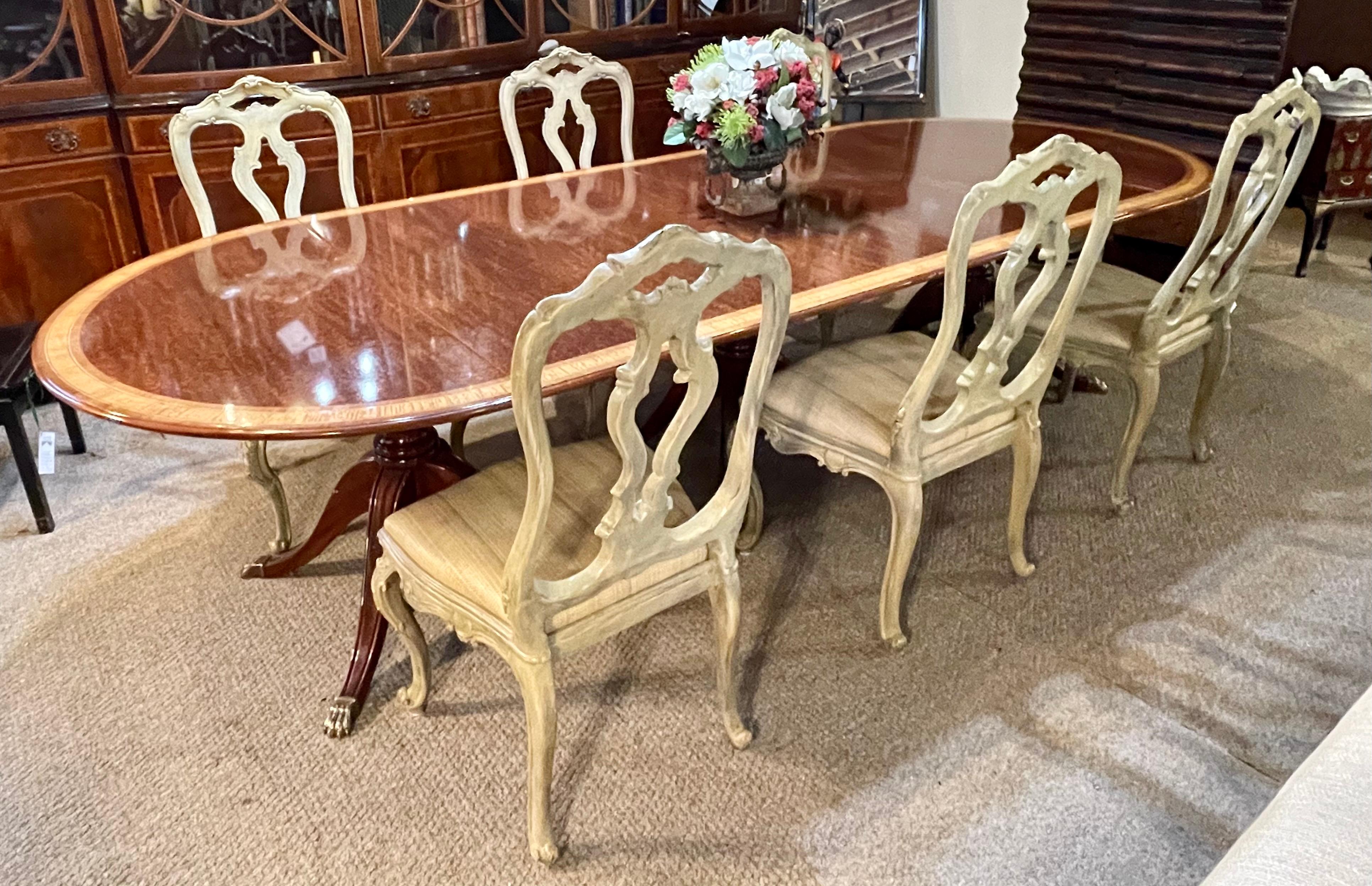 Mid-20th Century Regency Style Triple Pedestal Dining Room Table Banded and Fully Refinished