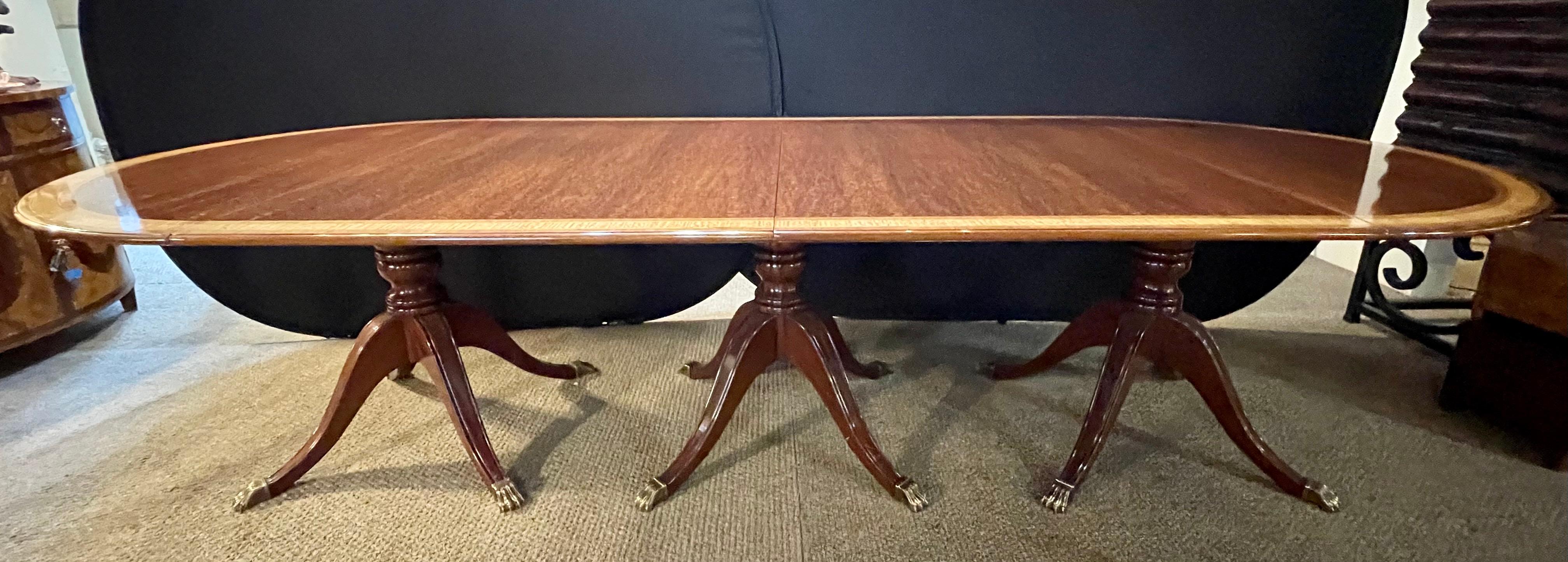 Mahogany Regency Style Triple Pedestal Dining Room Table Banded and Fully Refinished