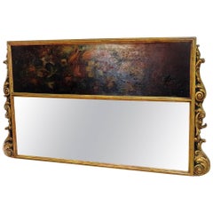 Antique English Regency Oil Painting Wide Trumeau Mirror with Gilded Frame C1830