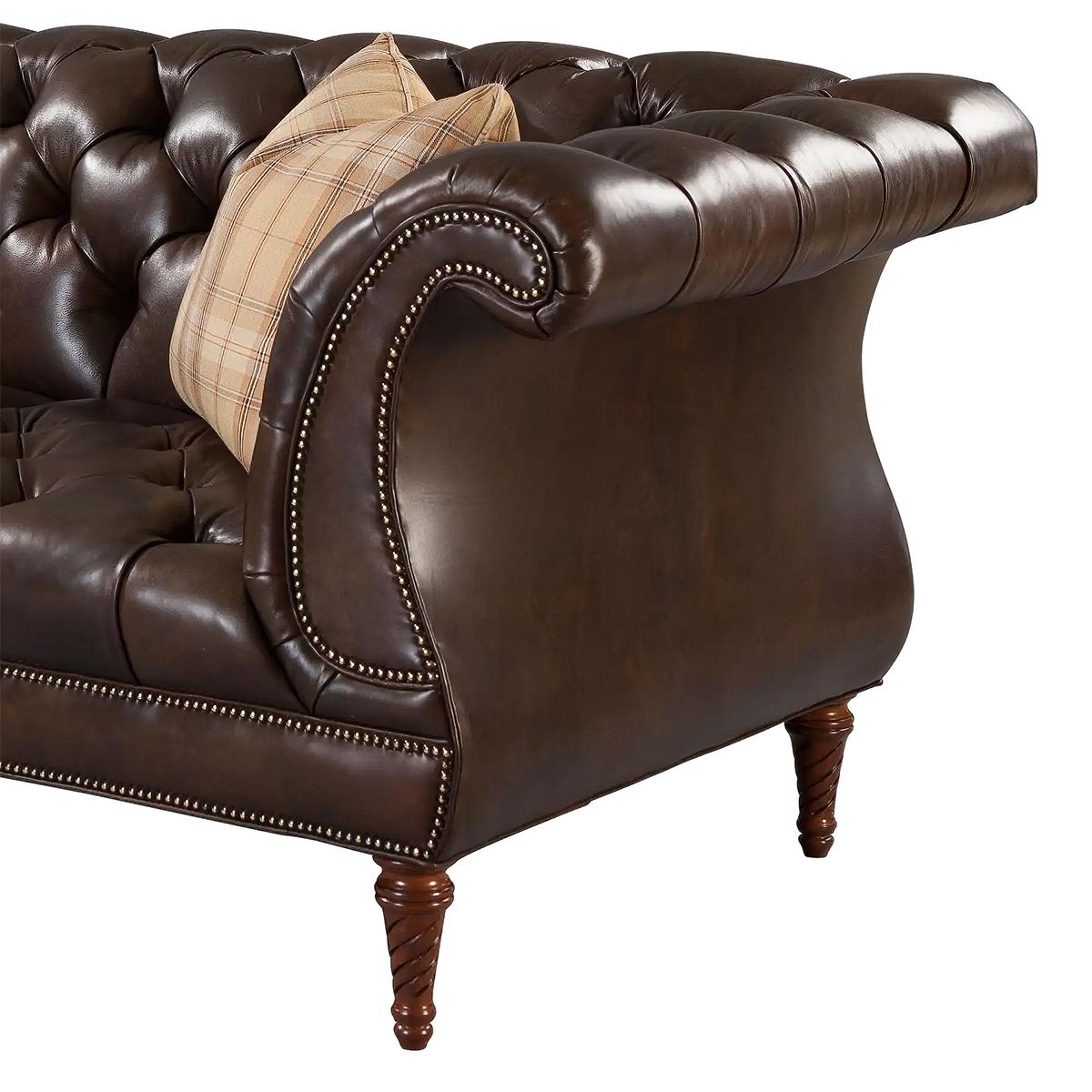 Regency style tufted lyre sofa a deep button upholstered lyre form sofa, the over scrolled back and arms on tapering and spiral carved legs.

Solid maple frame with 8-way hand-tied cushions.
Shown in standard polished finish with nailhead