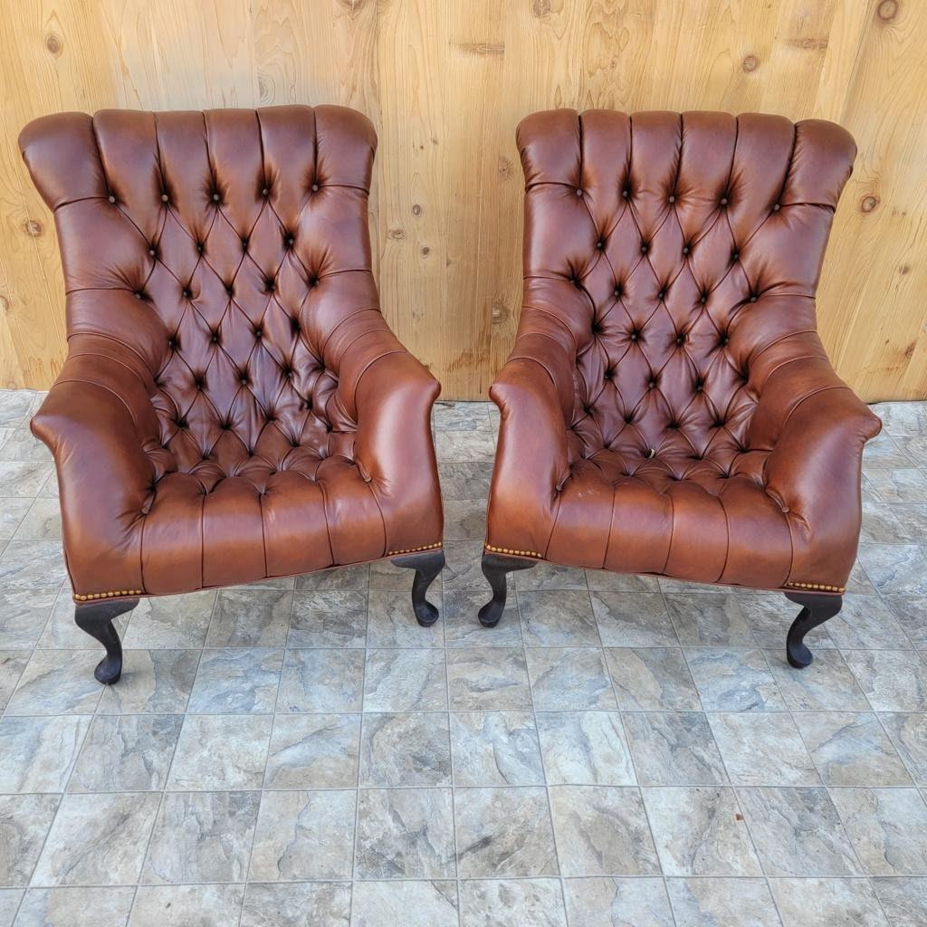 Regency Style Tufted Sleepy Hollow Fireside Lounge Chairs Newly Upholstered In Good Condition For Sale In Chicago, IL