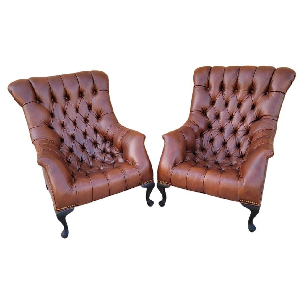 Regency Style Tufted Sleepy Hollow Fireside Lounge Chairs Newly Upholstered For Sale