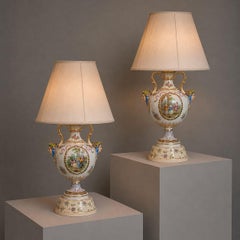 Regency Style, Urn Table Lamps, Porcelain, Painted Wood, France, 20th c.