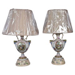 Regency Style, Urn Table Lamps, Porcelain, Painted Wood, France, 20th c.
