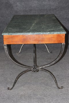 Regency Style Verdi Marble Top Desk with Forged Iron Base