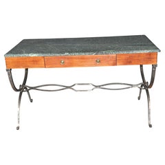 Regency Style Verdi Marble Top Desk with Forged Iron Base