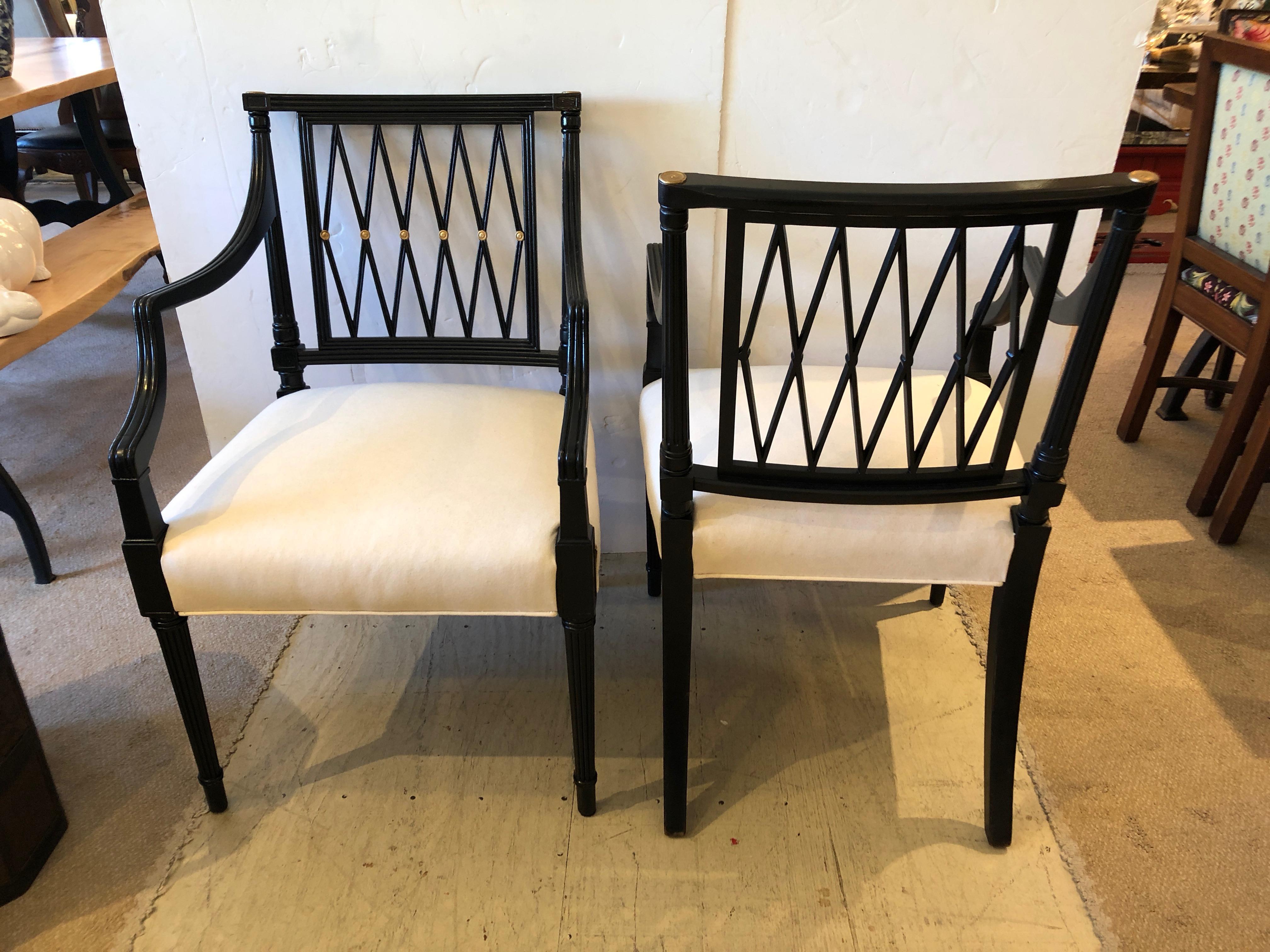 American Regency Style Very Sophisticated Ebonized Lattice Back Armchairs For Sale