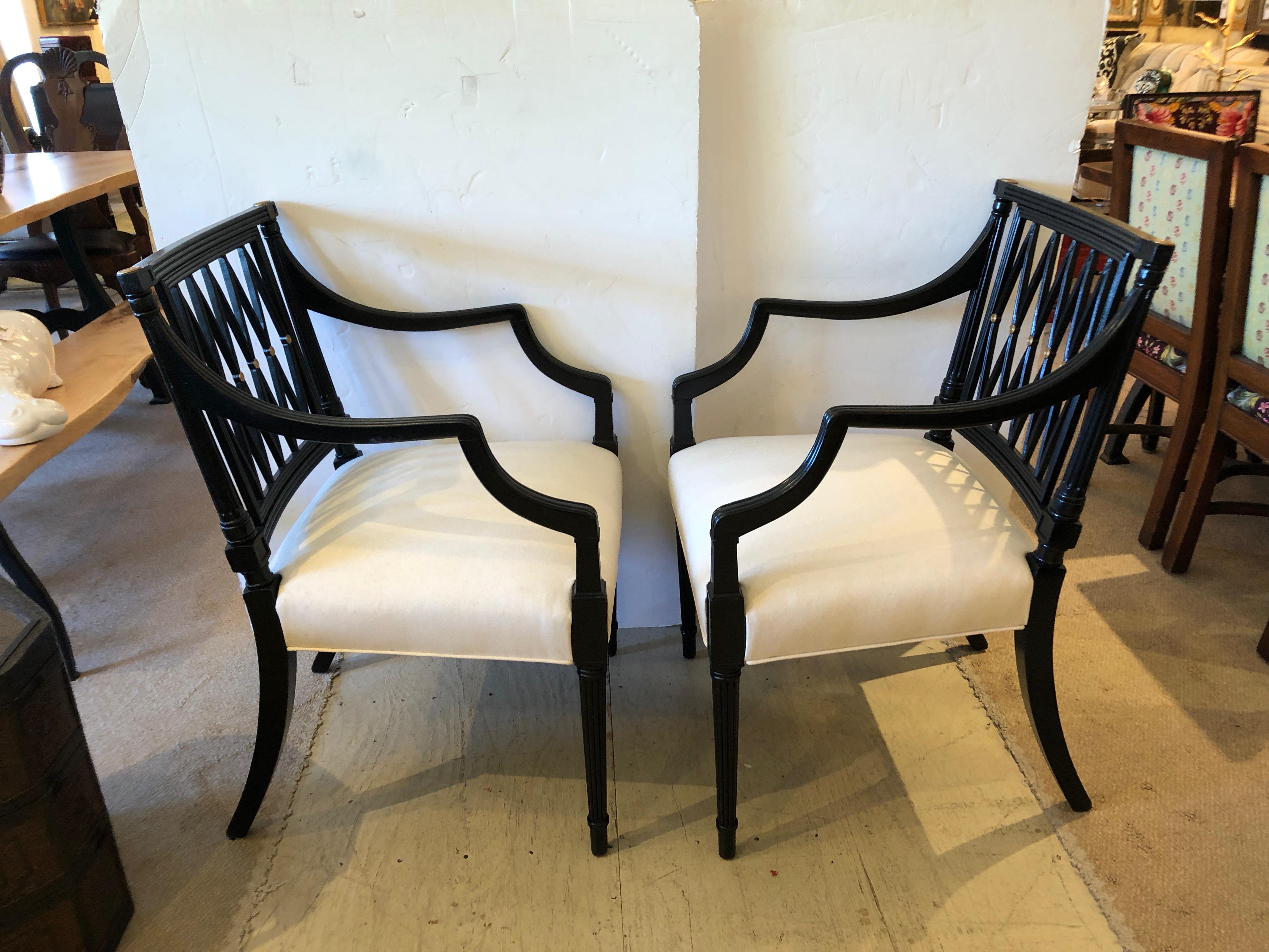 Regency Style Very Sophisticated Ebonized Lattice Back Armchairs In Excellent Condition For Sale In Hopewell, NJ