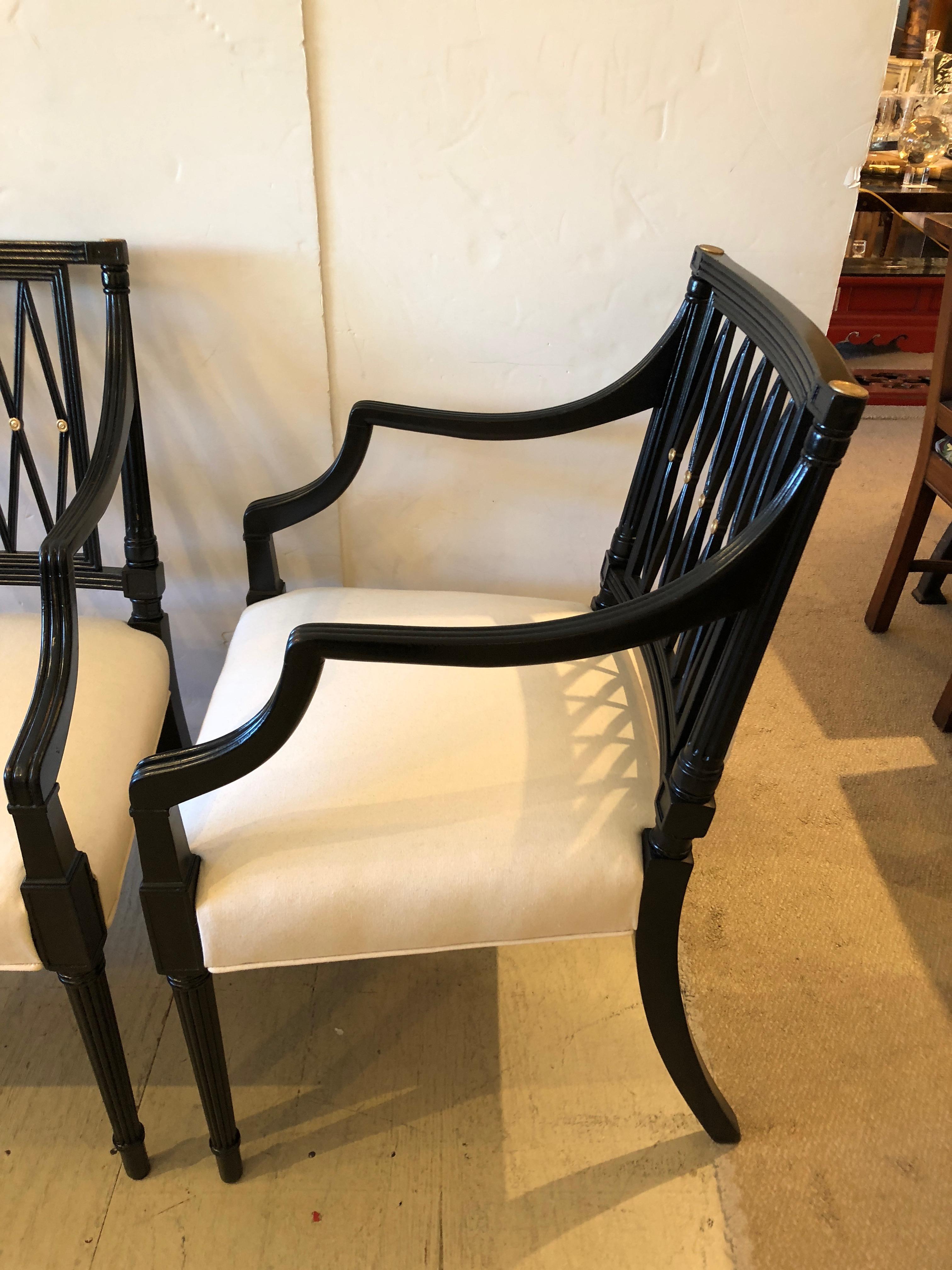 Mid-20th Century Regency Style Very Sophisticated Ebonized Lattice Back Armchairs For Sale