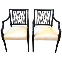 Vintage Regency Style Very Sophisticated Ebonized Lattice Back Armchairs