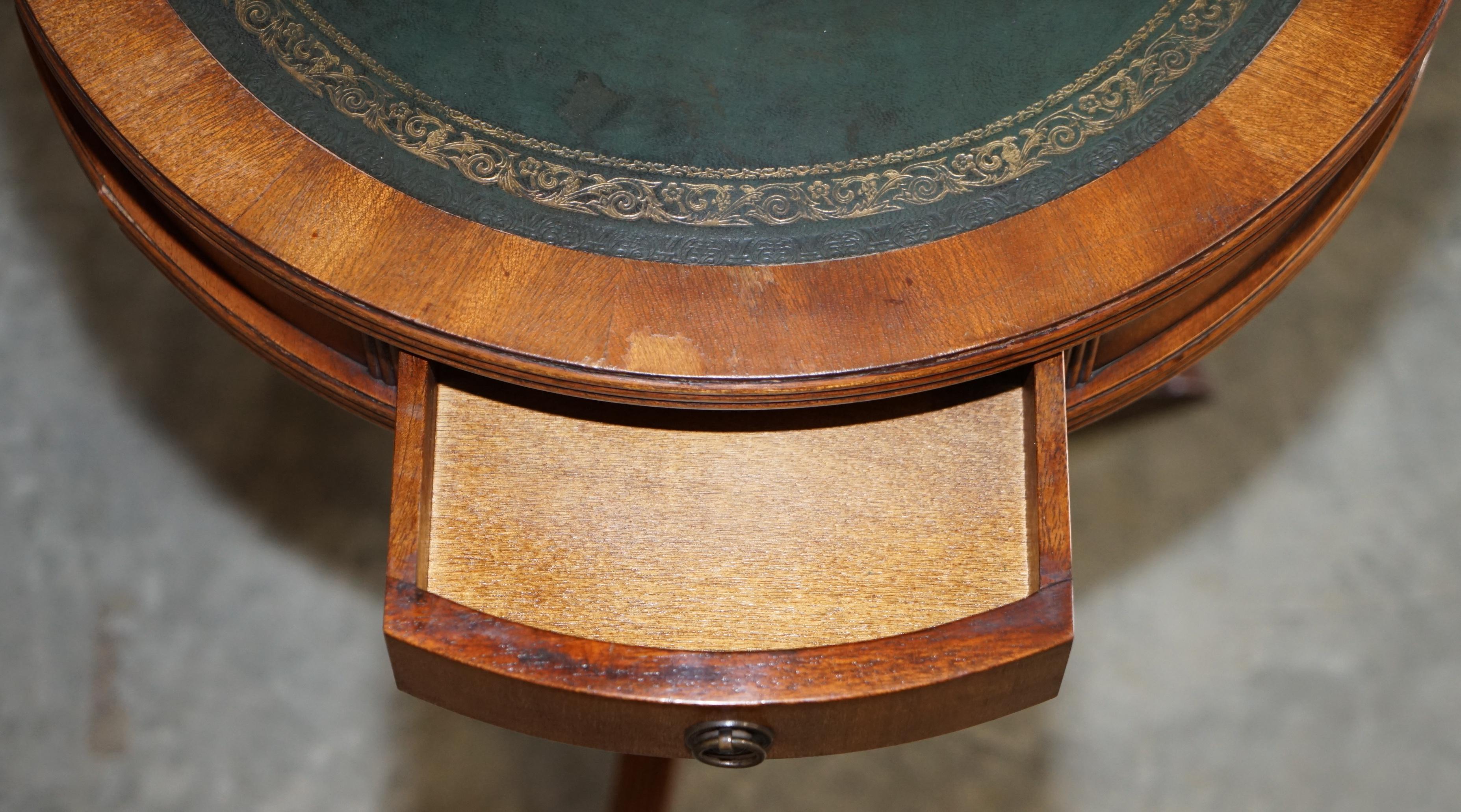 Regency Style Vintage Light Hardwood & Green Leather Twin Drawer Side End Table 6