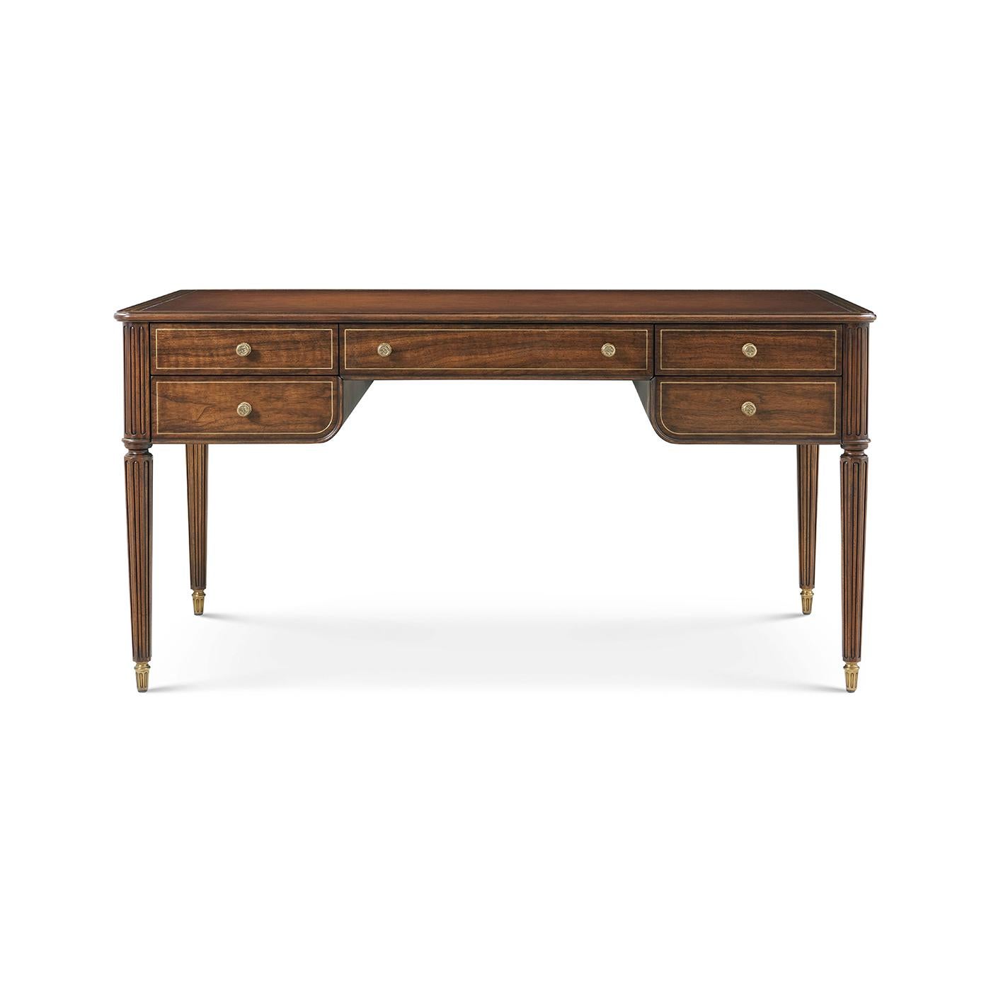 A refined homage to the elegance of early 19th-century English furniture design. Crafted in classic style with an exquisite use of figured walnut, it features a warm finish that brings depth and warmth to the wood’s natural grain. Traditional brass