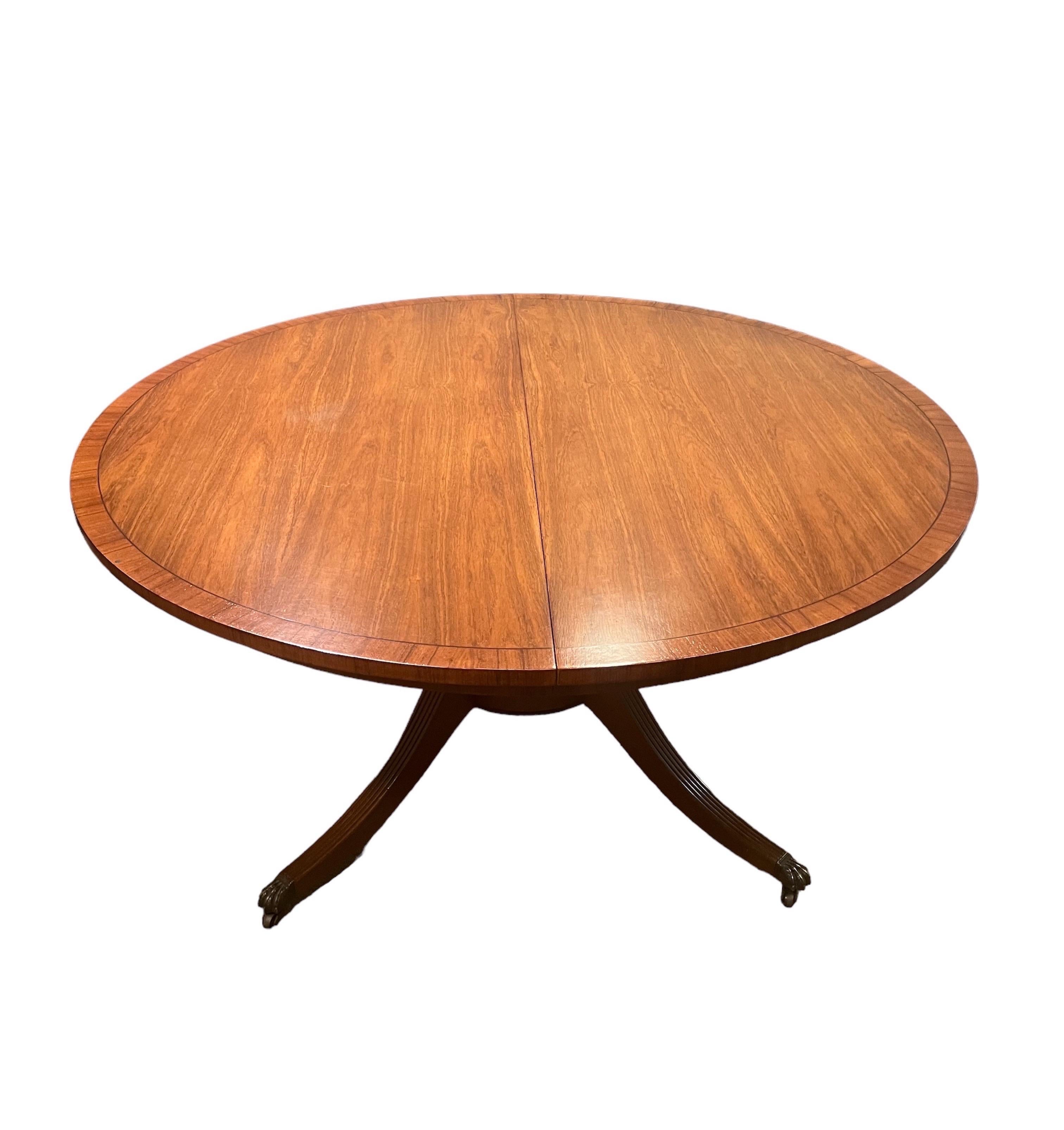 Regency Style Walnut Extension Dining Table with 3 leaves & table pad 
8 table clips, 
 2 of the leaves colored similar to 2 ends and 3rd leaf of a darker color.