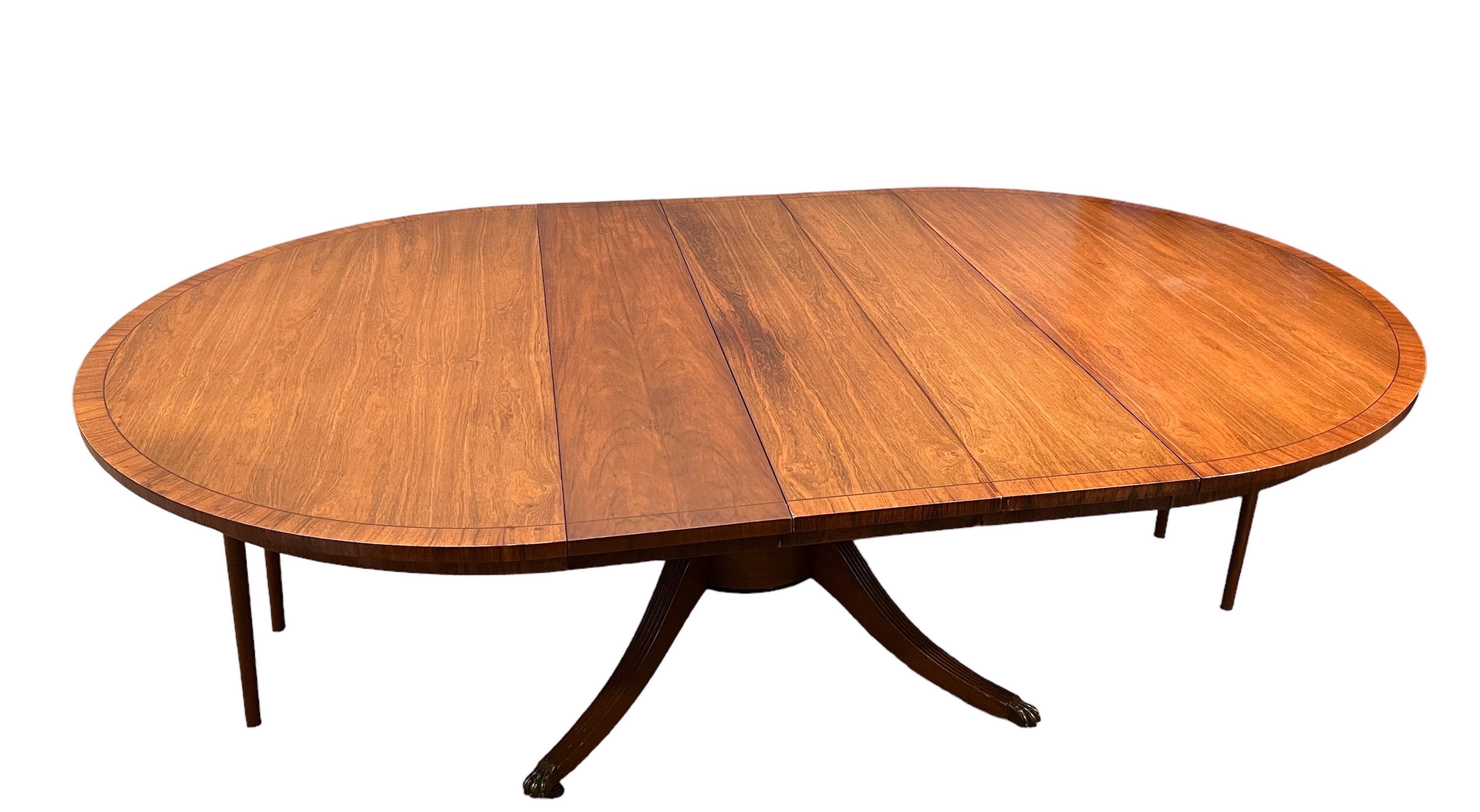 20th Century Regency Style Walnut Extension Dining Table with 3 Leaves & Table Pads For Sale