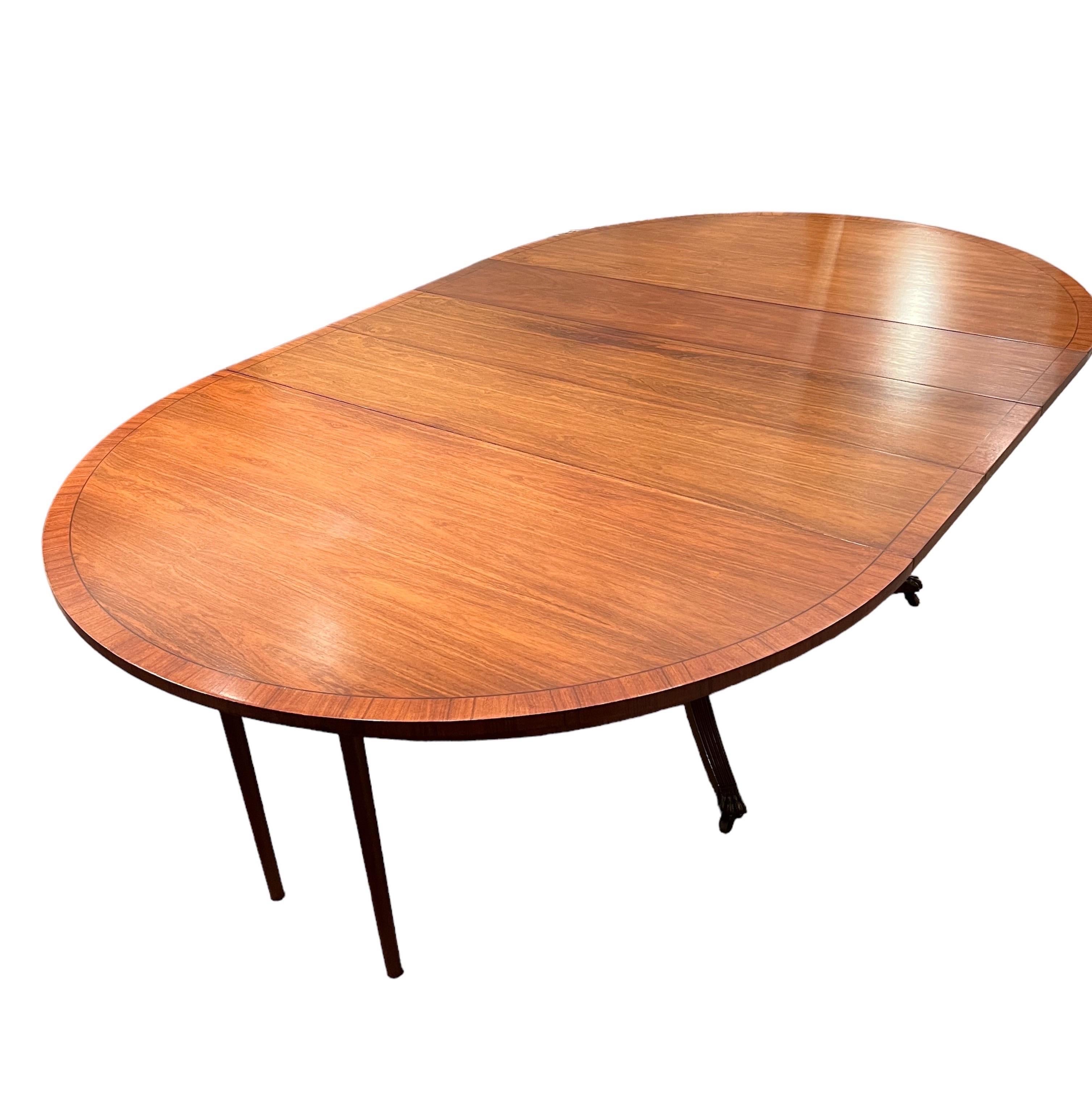 Brass Regency Style Walnut Extension Dining Table with 3 Leaves & Table Pads For Sale
