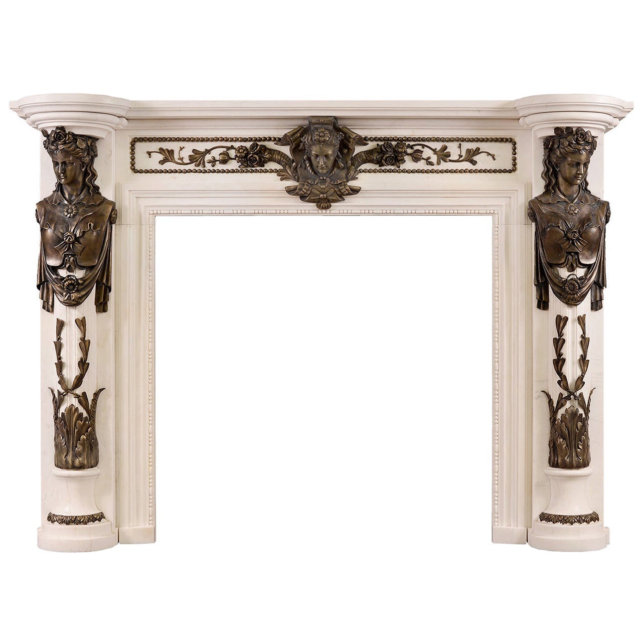 Cheminée en marbre blanc de style Regency avec ornements en bronze en vente