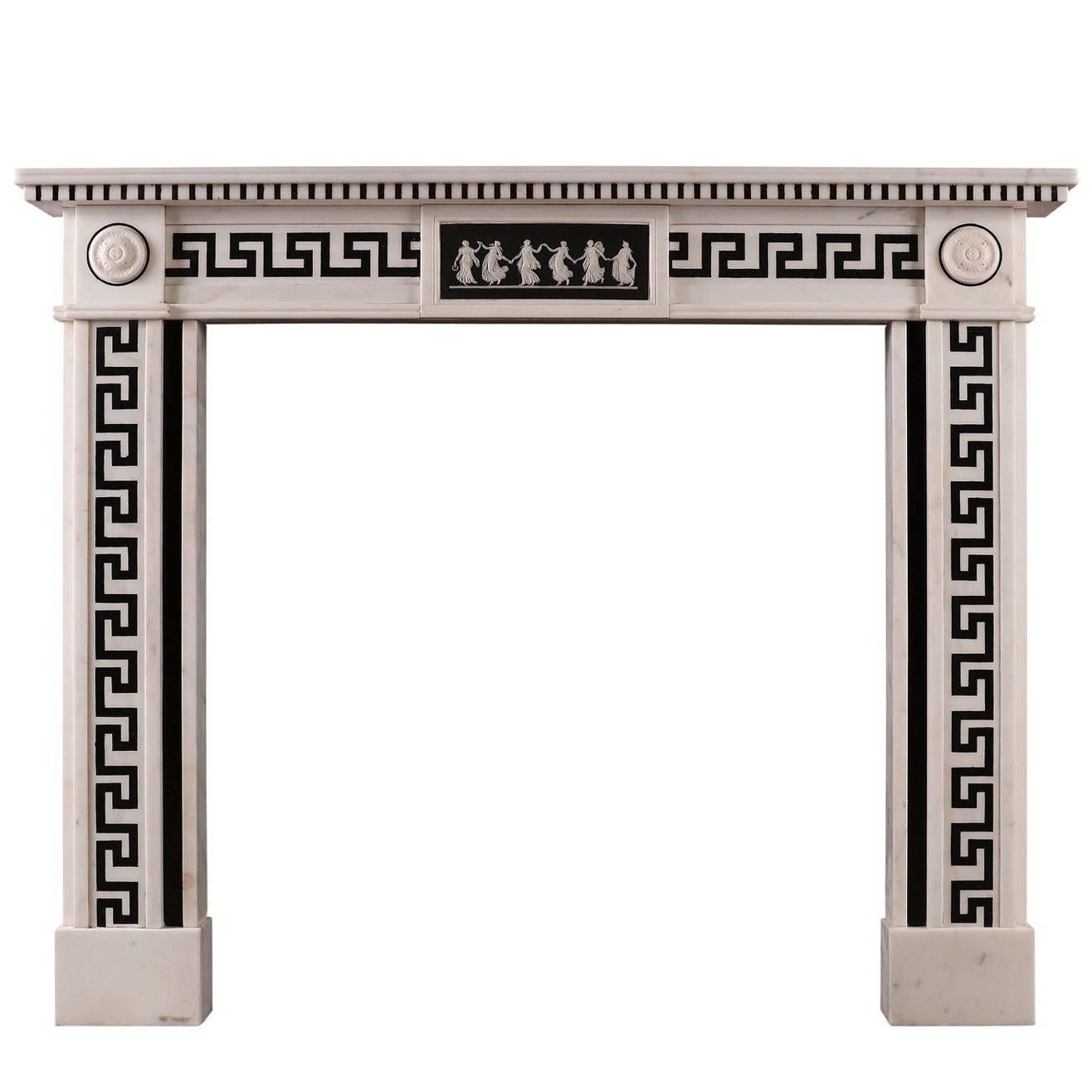 Regency Style White Marble Fireplace with Black Inlay For Sale