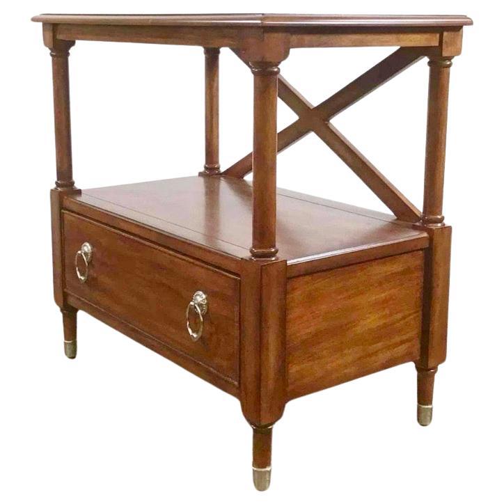 Pair of classic regency style X-back bedside tables designed by Liz Claiborne for Lexington Furniture.  These handsome nightstands each have one single drawer and feature matte silver tone pulls and leg caps.