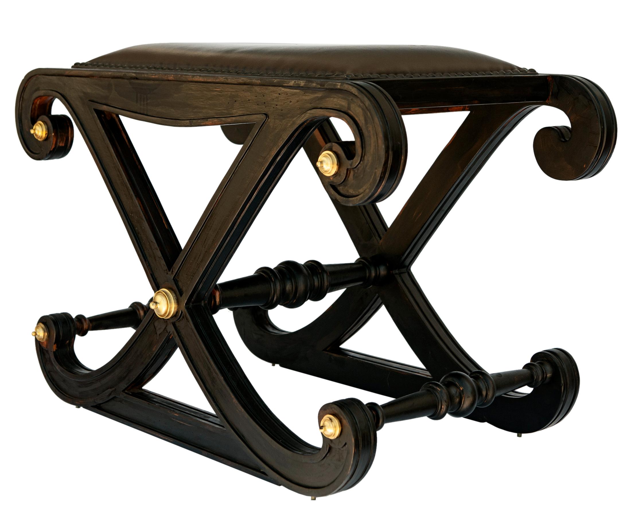 Hollywood Regency Regency Style X Bench with Faux Leather   For Sale