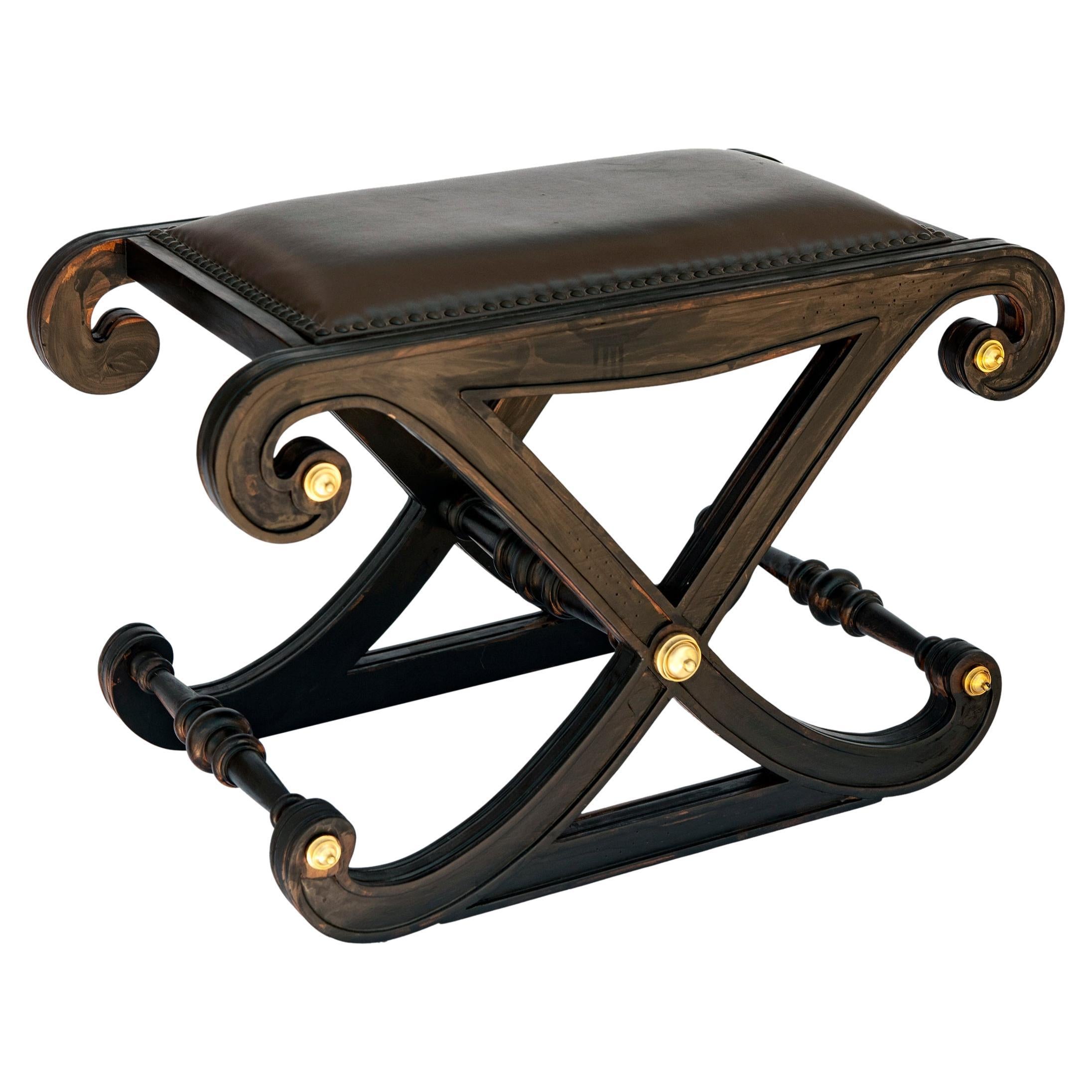 Regency Style X Bench with Faux Leather   For Sale