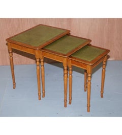 Regency Style Yew Wood Leather Top & Gold Leaf Embossed Nest of Tables