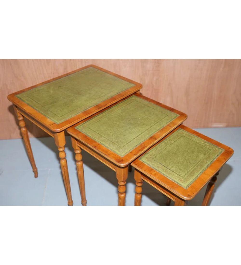 British Regency Style Yew Wood Leather Top & Gold Leaf Embossed Nest of Tables For Sale