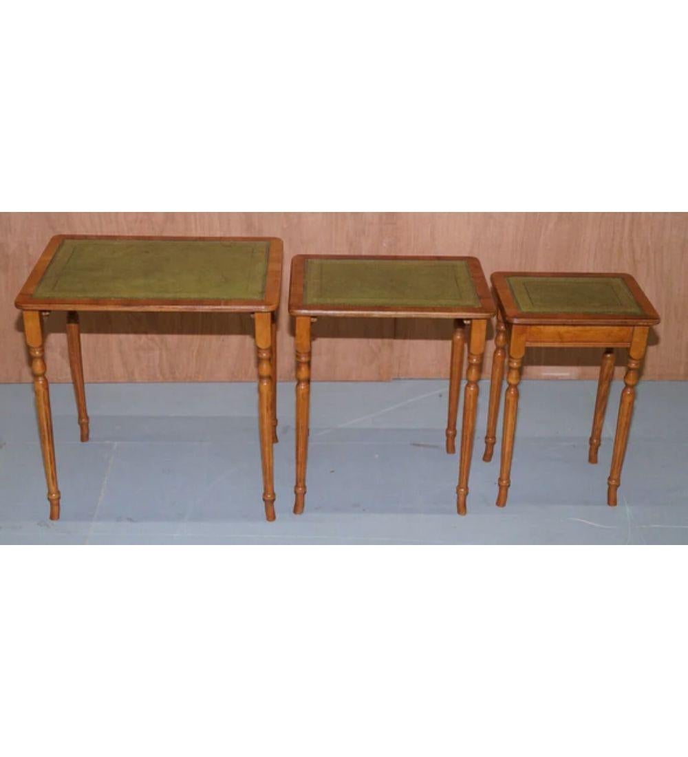 Hand-Crafted Regency Style Yew Wood Leather Top & Gold Leaf Embossed Nest of Tables For Sale