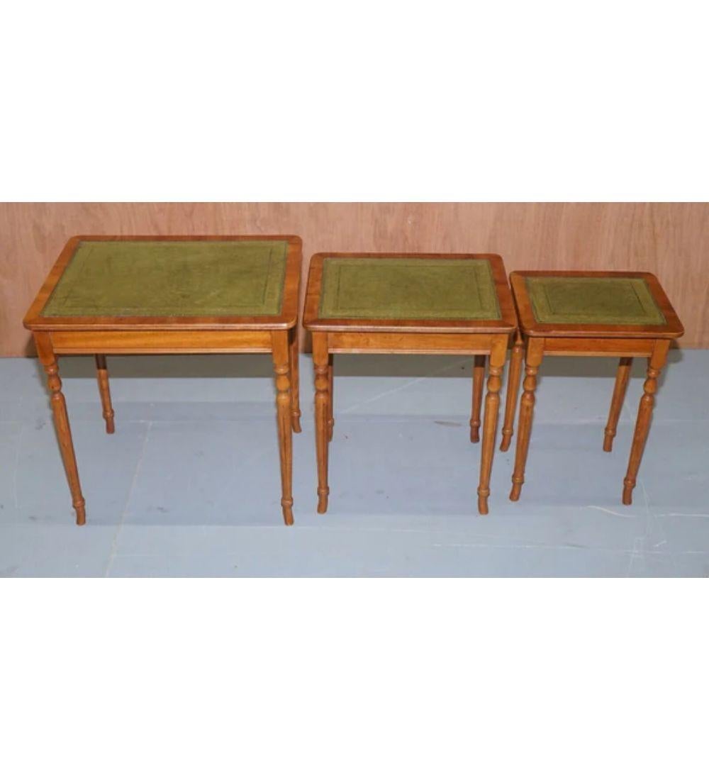 20th Century Regency Style Yew Wood Leather Top & Gold Leaf Embossed Nest of Tables For Sale