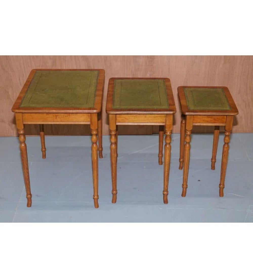 Regency Style Yew Wood Leather Top & Gold Leaf Embossed Nest of Tables For Sale 2