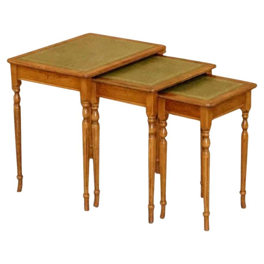 Regency Style Yew Wood Leather Top & Gold Leaf Embossed Nest of Tables For Sale