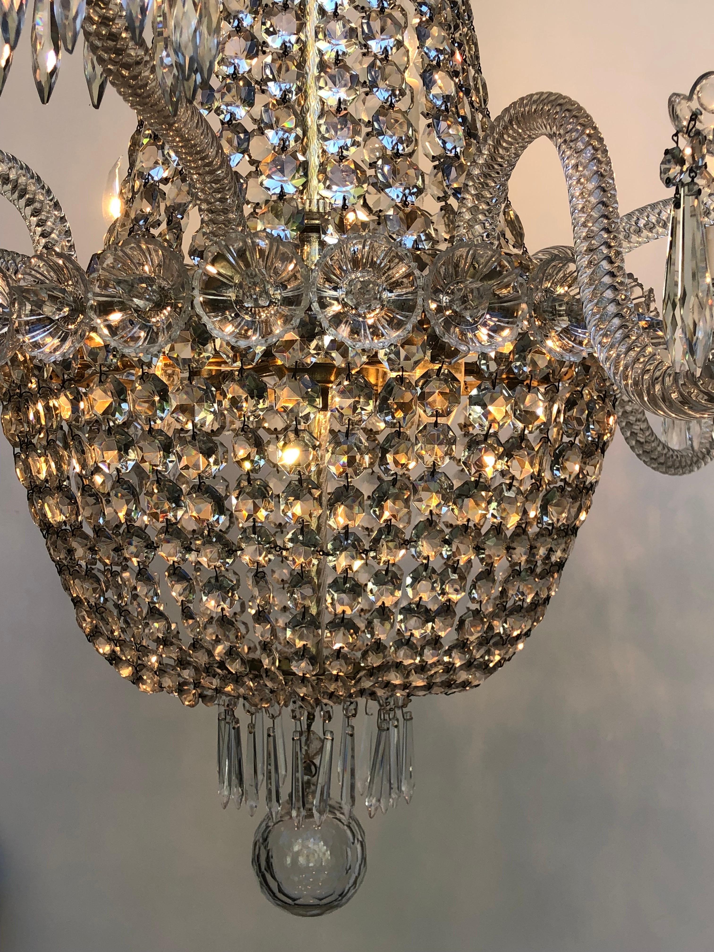 Regency Tent-and-Basket Silver Plate & Crystal Chandelier / Gasolier Eight Light For Sale 3