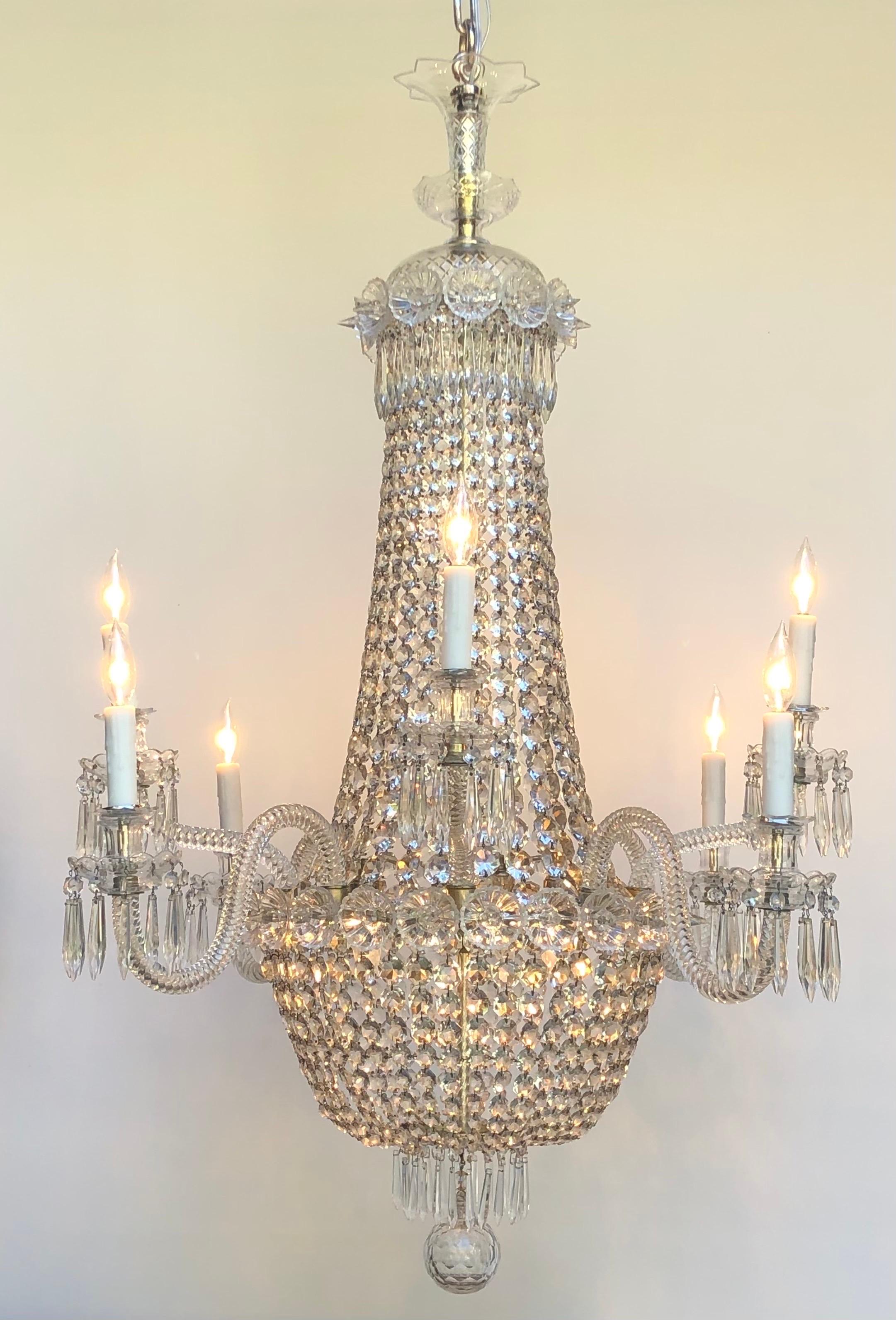 Regency Tent-and-Basket Silver Plate & Crystal Chandelier / Gasolier Eight Light For Sale 6