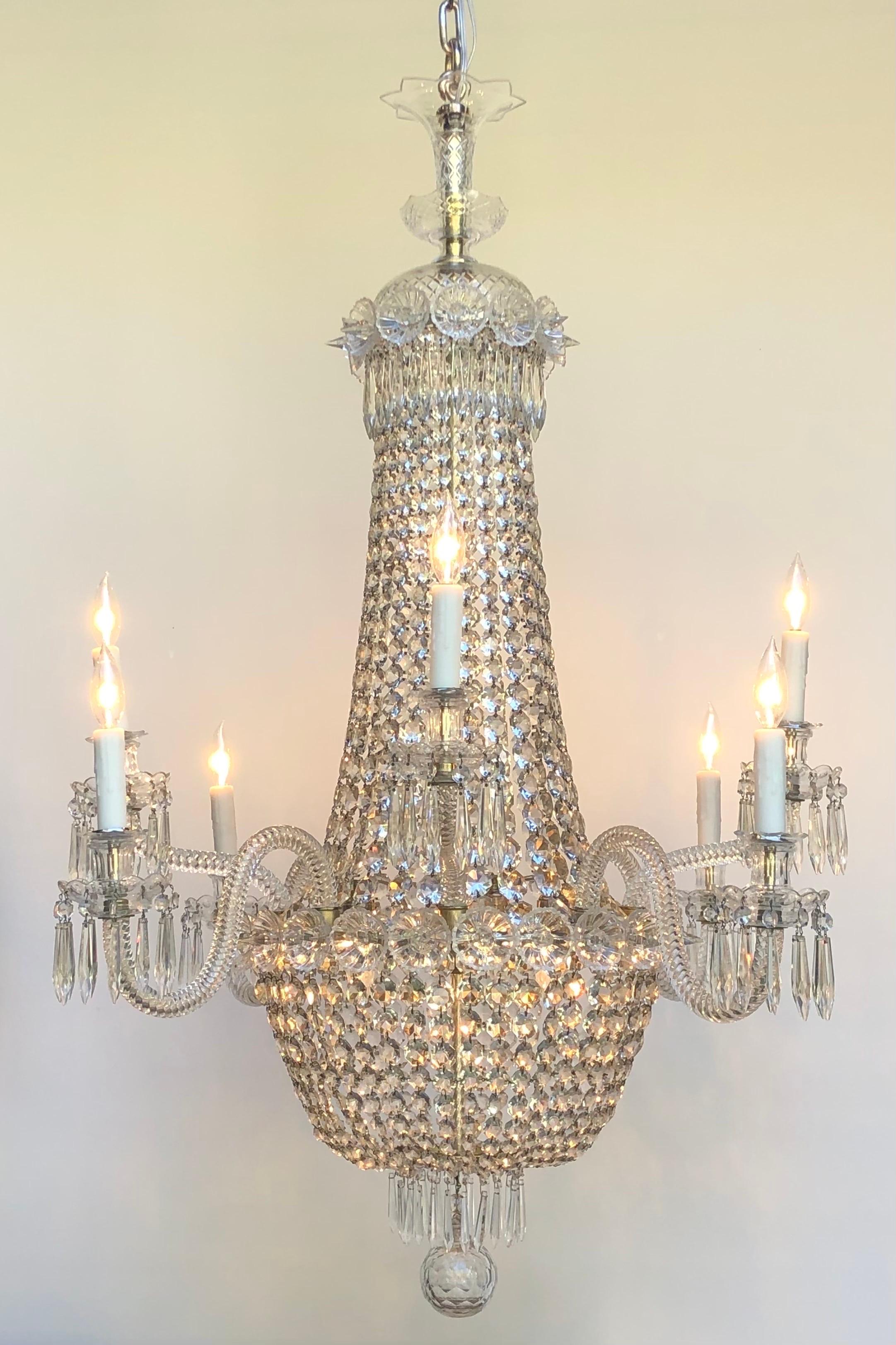 Regency Tent-and-Basket Silver Plate & Crystal Chandelier / Gasolier Eight Light For Sale 8