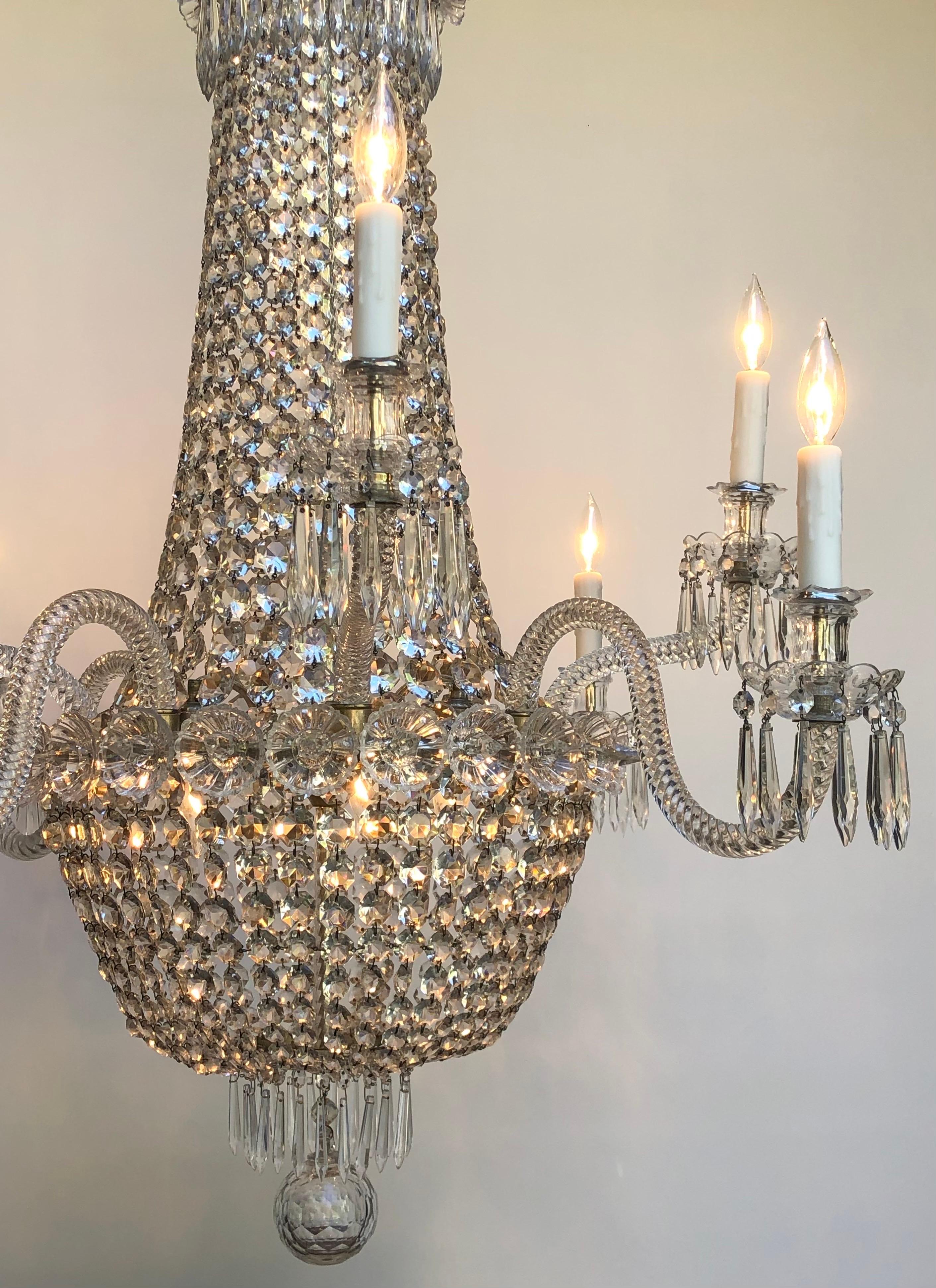 English Regency Tent-and-Basket Silver Plate & Crystal Chandelier / Gasolier Eight Light For Sale