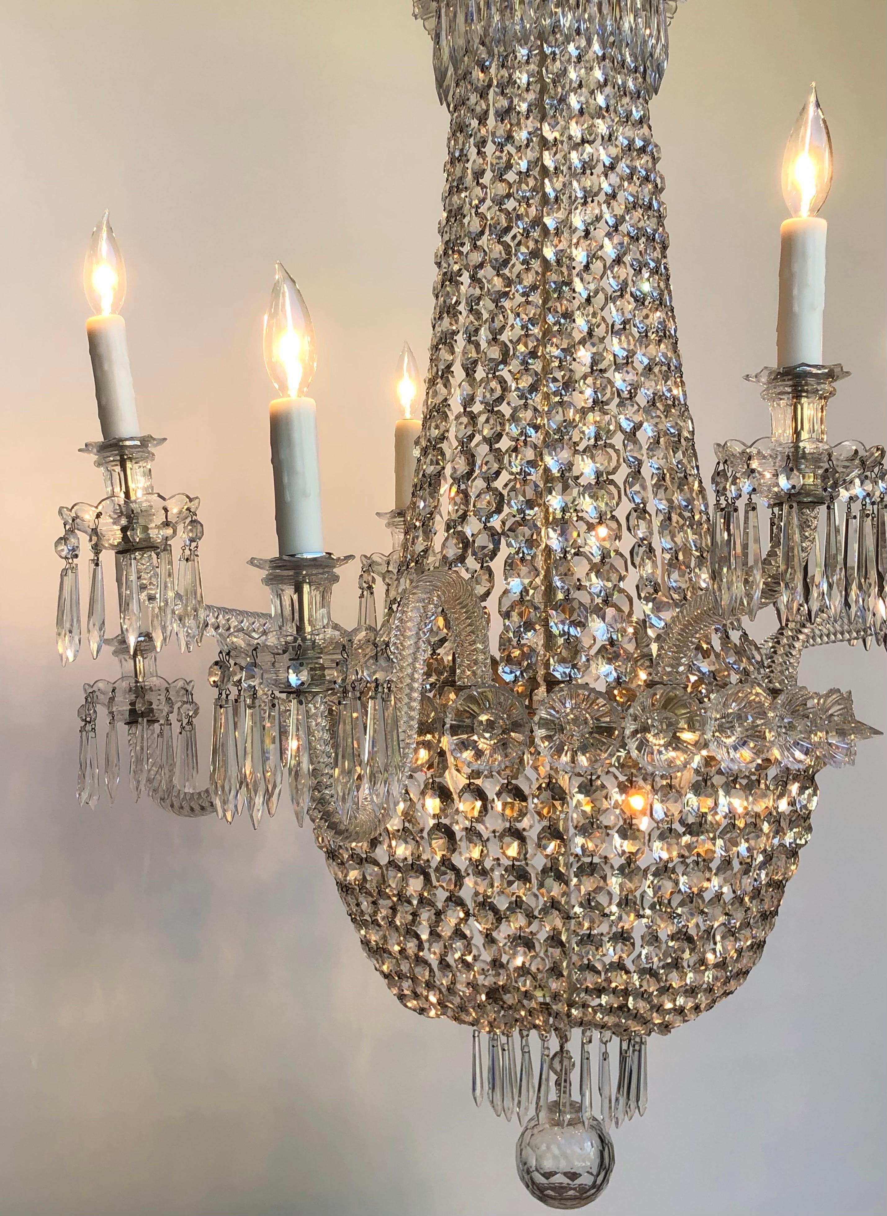 Plated Regency Tent-and-Basket Silver Plate & Crystal Chandelier / Gasolier Eight Light For Sale