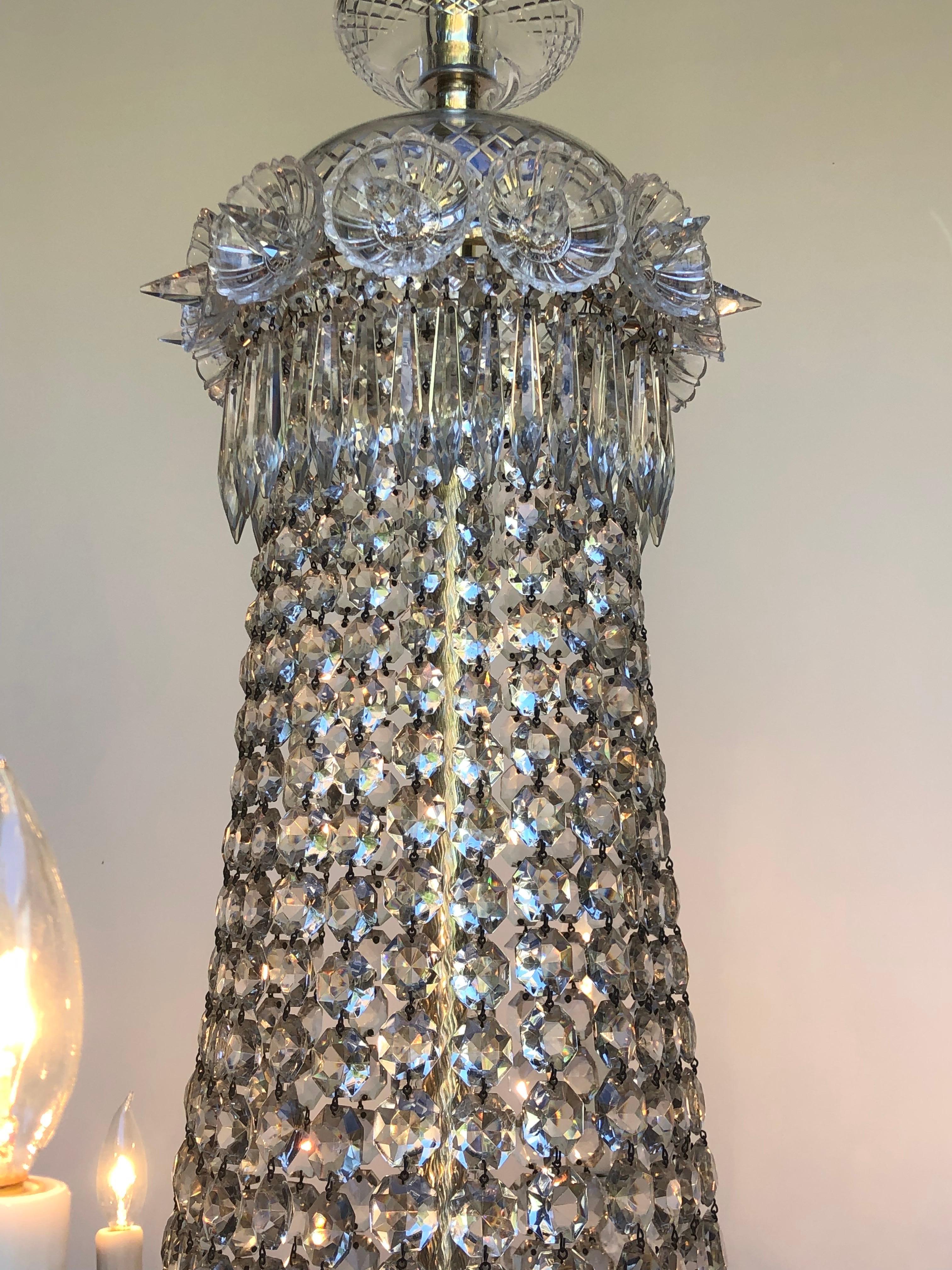 19th Century Regency Tent-and-Basket Silver Plate & Crystal Chandelier / Gasolier Eight Light For Sale