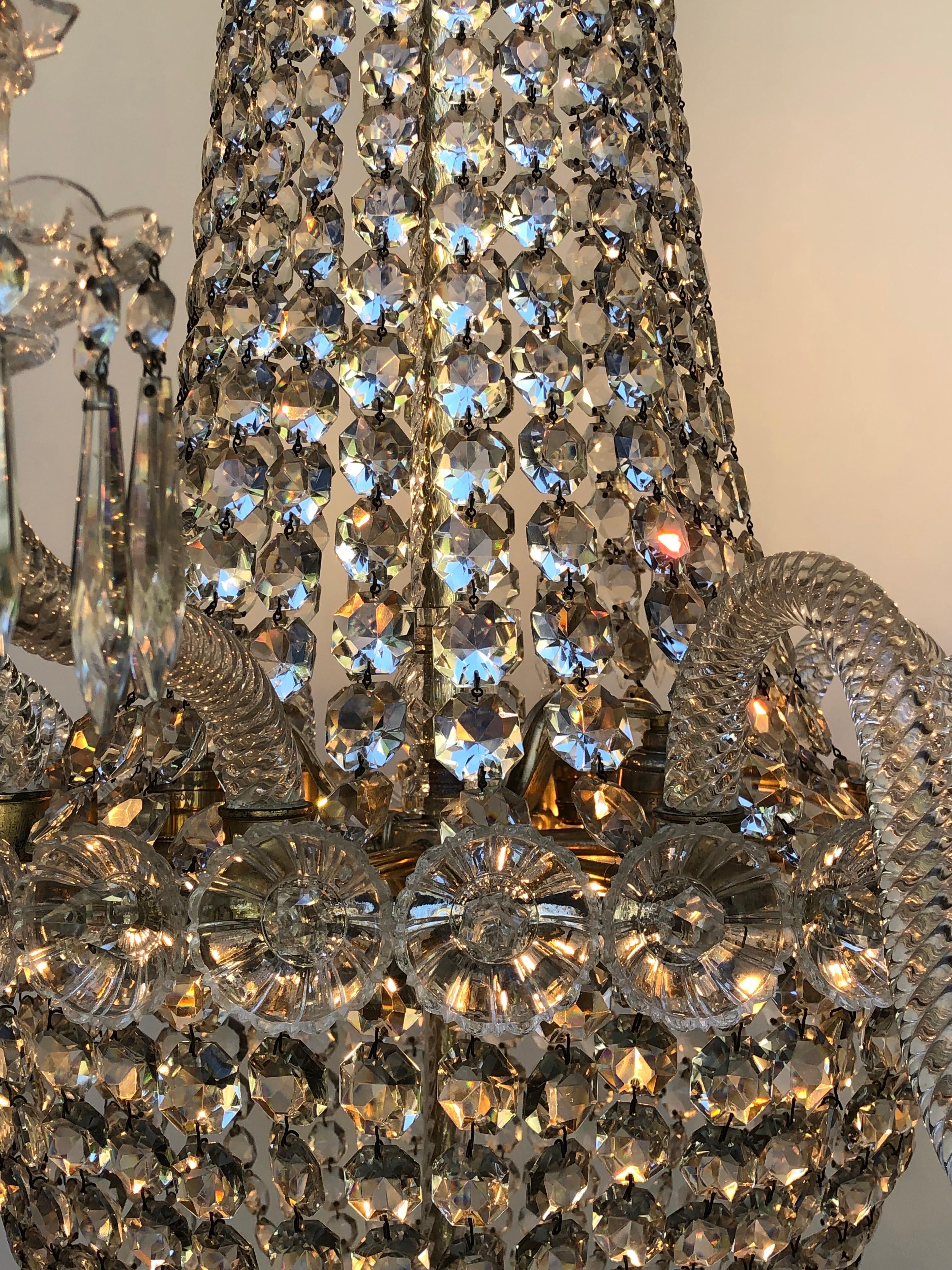 Brass Regency Tent-and-Basket Silver Plate & Crystal Chandelier / Gasolier Eight Light For Sale