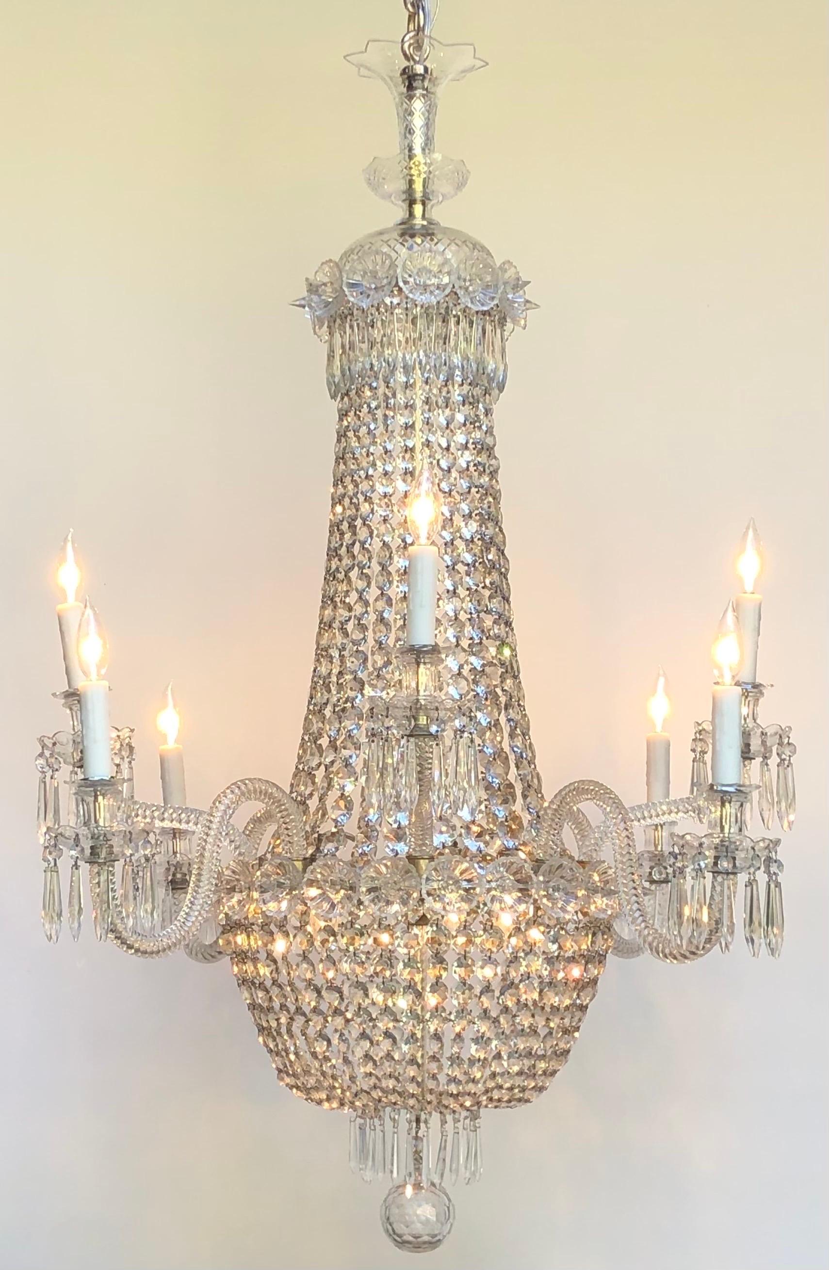 Regency Tent-and-Basket Silver Plate & Crystal Chandelier / Gasolier Eight Light For Sale 1