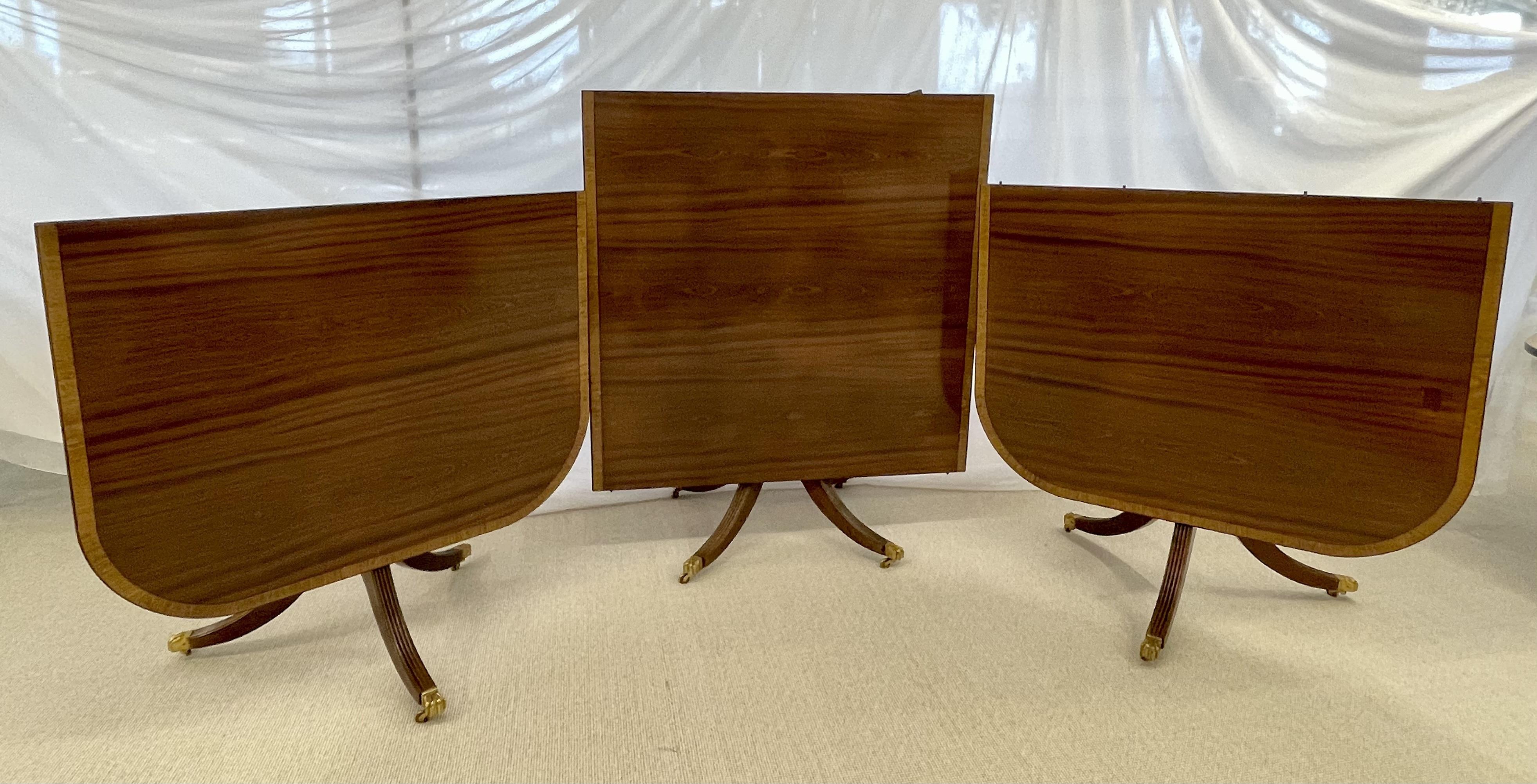 Period Regency Three-Section Triple Pedestal Dining Table, Conference Table, with tilt mechanism on all sections, on brass paw feet with casters. The top recently refinished having a fine grained mahogany with a satinwood border. Part of our