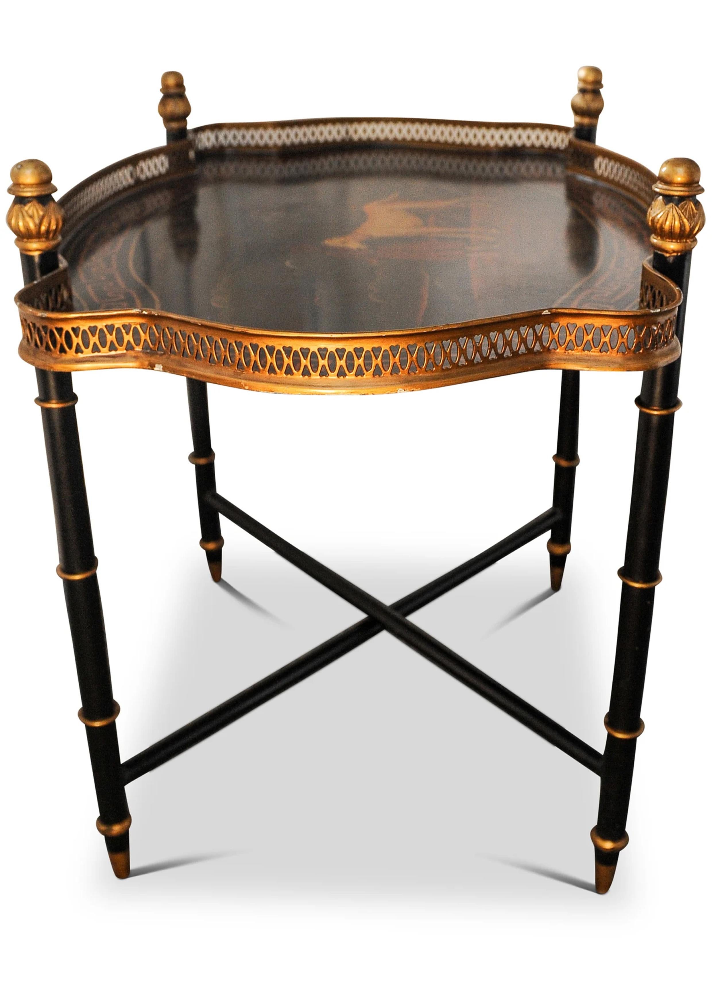 Victorian Regency Style Tole Peinte & Gilt Drinks Tray On X Frame Ebonised Stand For Sale