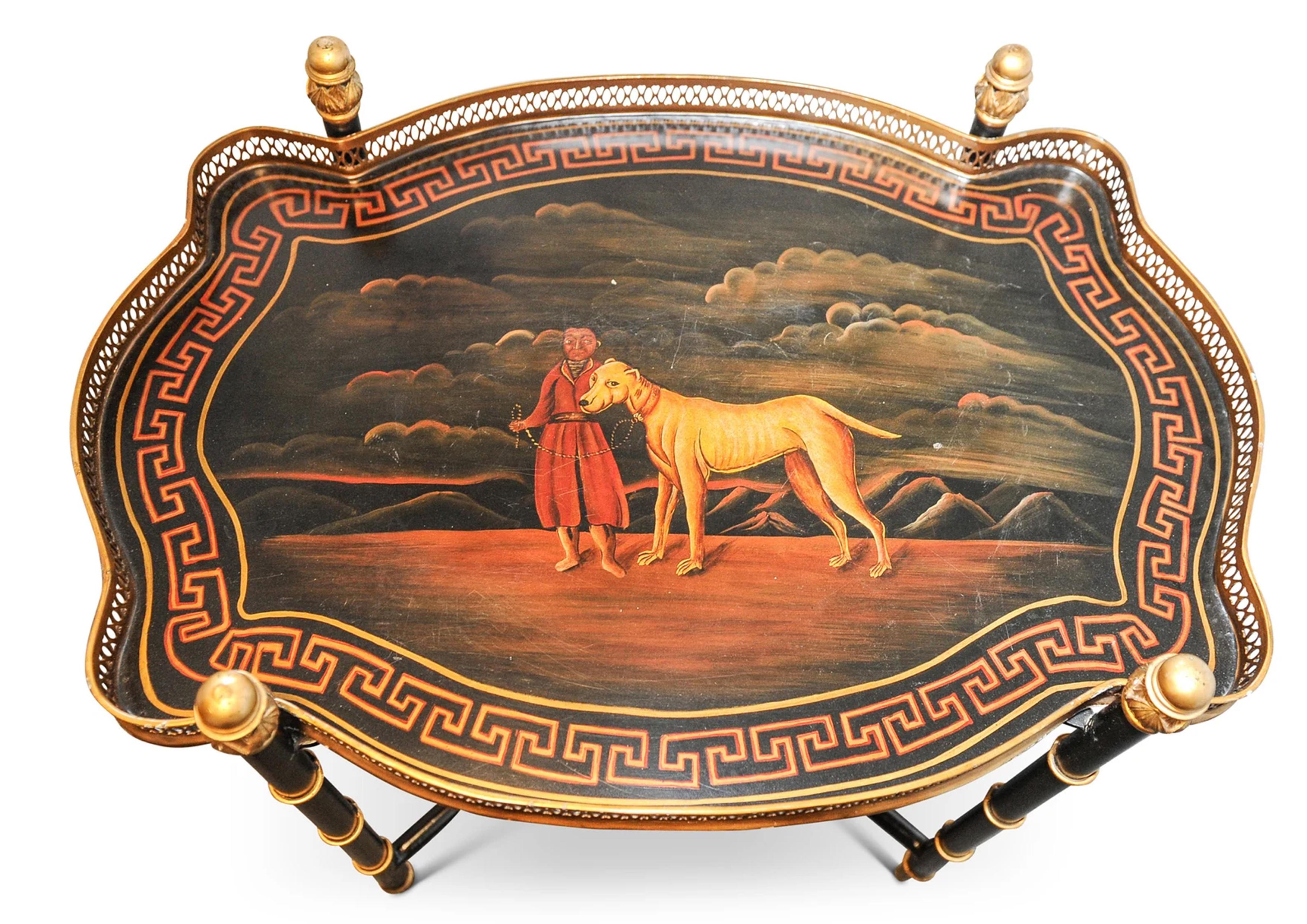 British Regency Style Tole Peinte & Gilt Galleried Drinks Tray On X Frame Ebonised Stand For Sale
