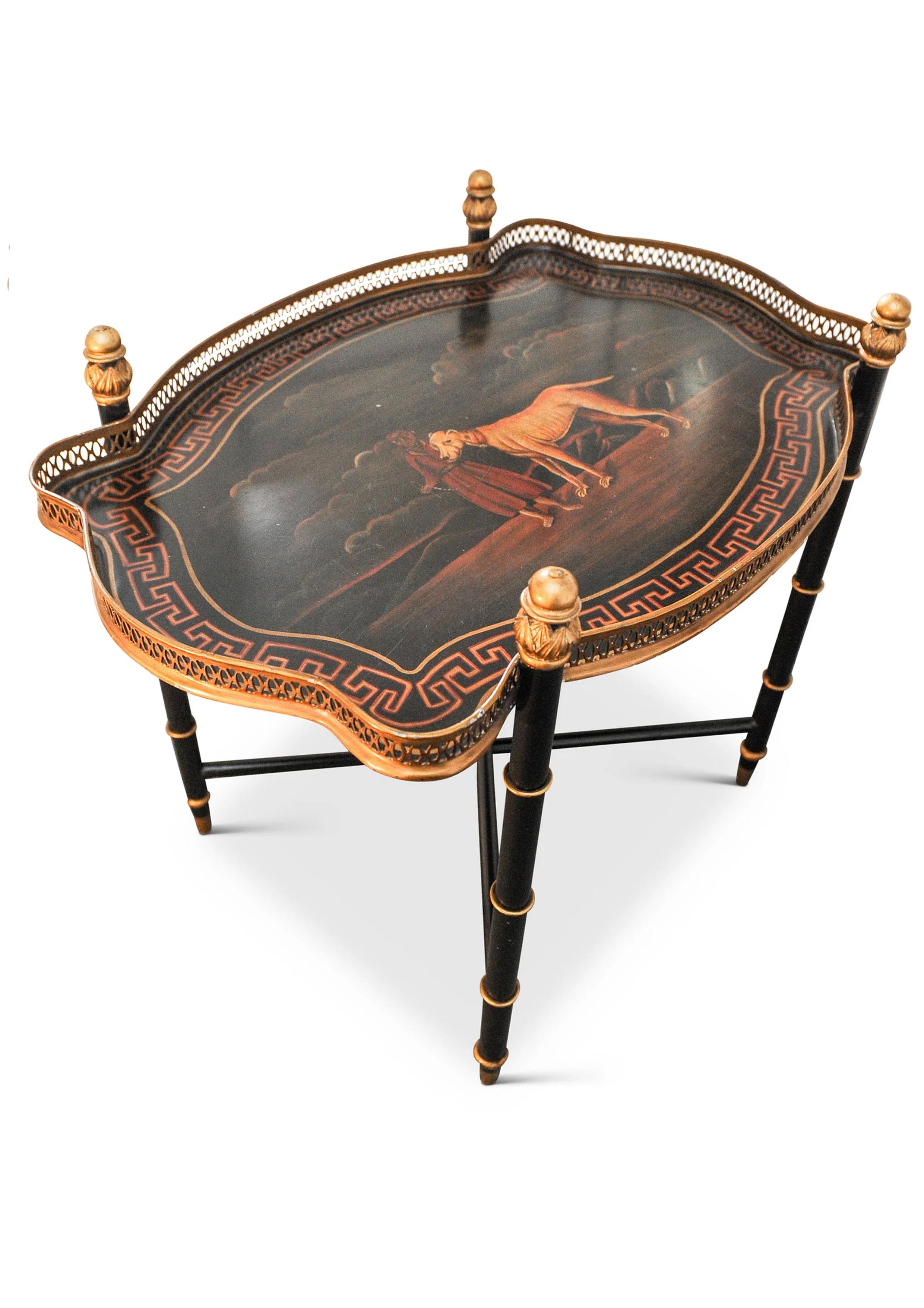 Metal Regency Style Tole Peinte & Gilt Drinks Tray On X Frame Ebonised Stand For Sale