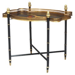 Regency Style Tole Peinte & Gilt Galleried Drinks Tray On X Frame Ebonised Stand