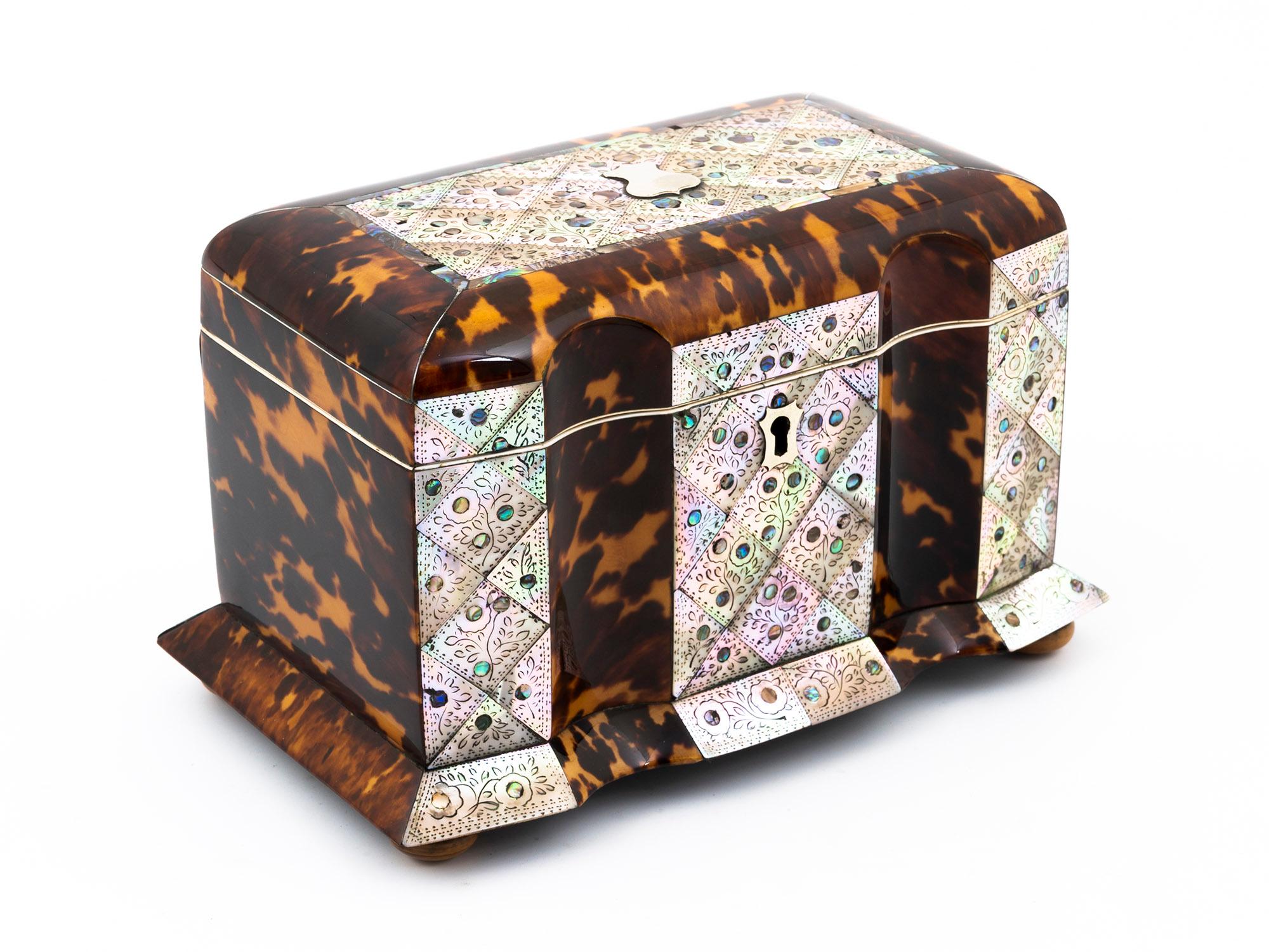 English Regency Tortoiseshell and Mother of Pearl Serpentine Tea Caddy For Sale