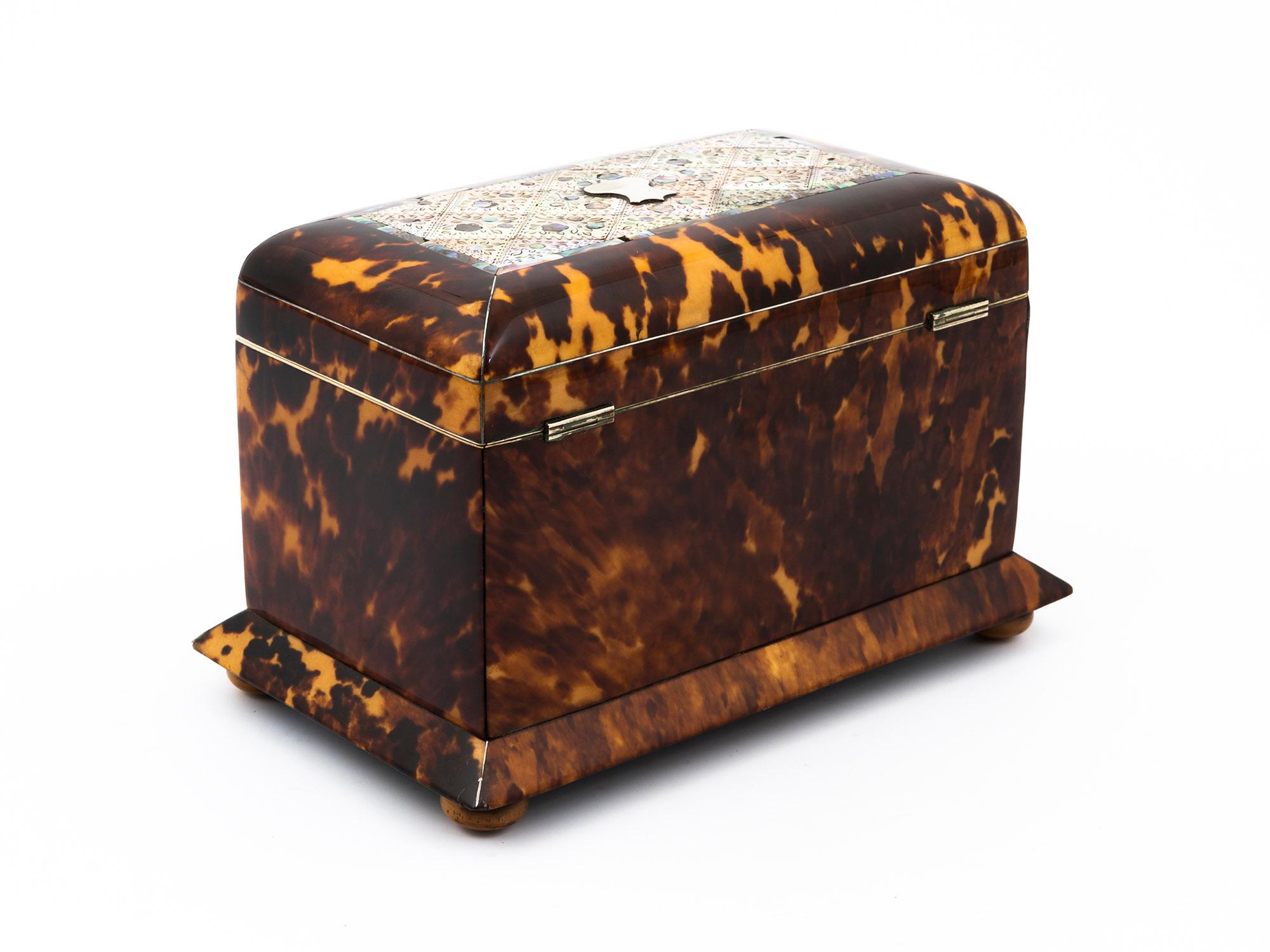 Hand-Carved Regency Tortoiseshell and Mother of Pearl Serpentine Tea Caddy For Sale