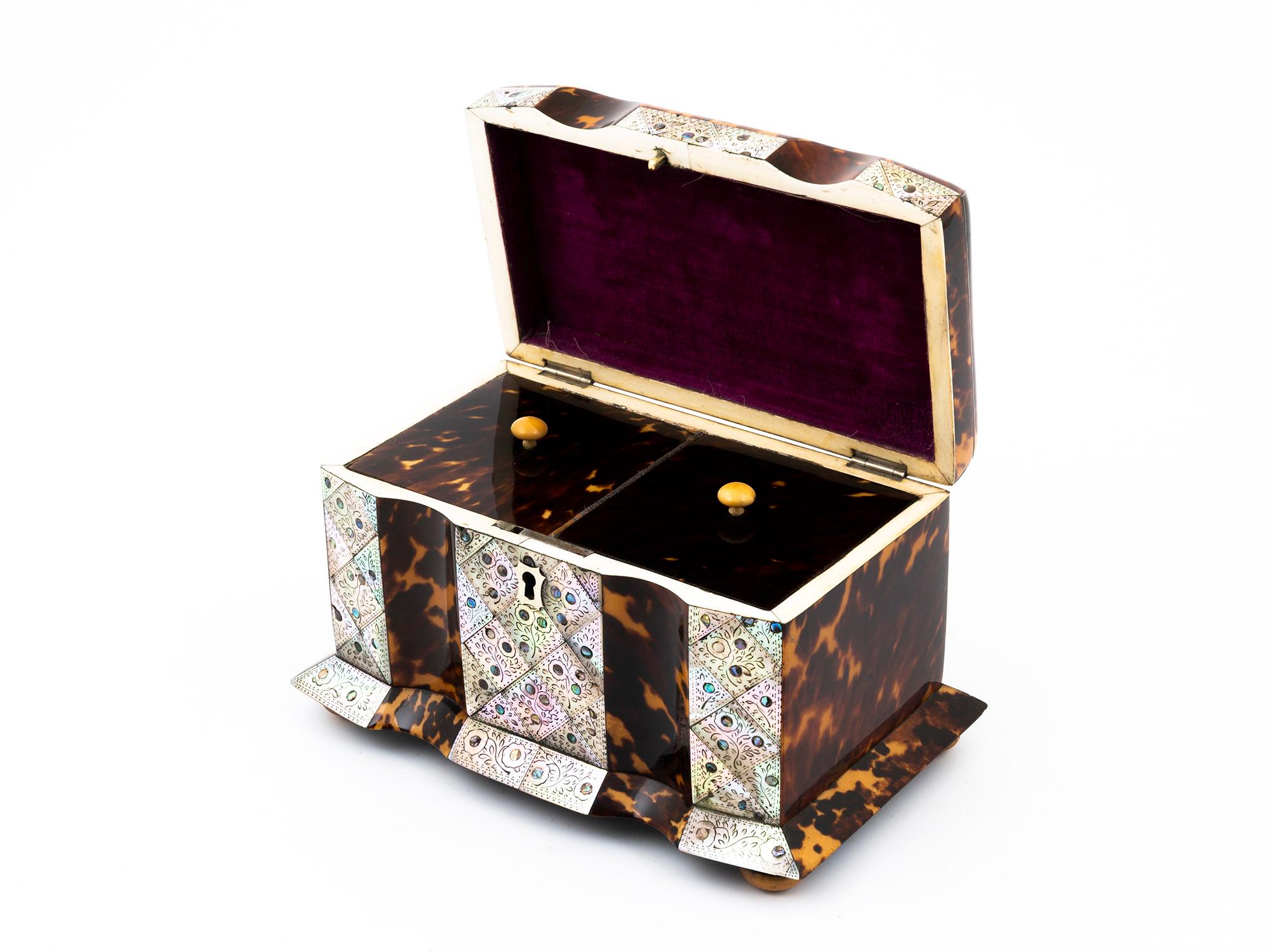 19th Century Regency Tortoiseshell and Mother of Pearl Serpentine Tea Caddy For Sale