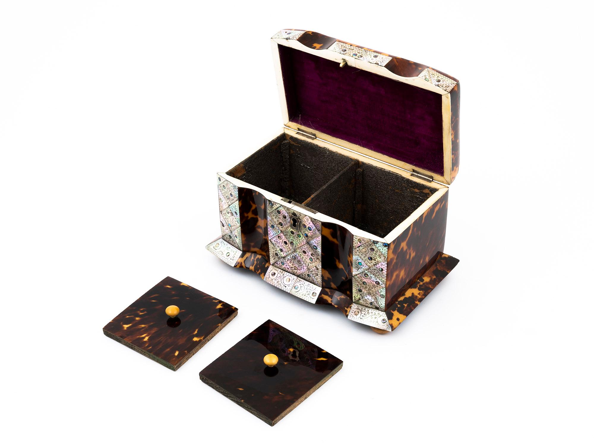 Tortoise Shell Regency Tortoiseshell and Mother of Pearl Serpentine Tea Caddy For Sale