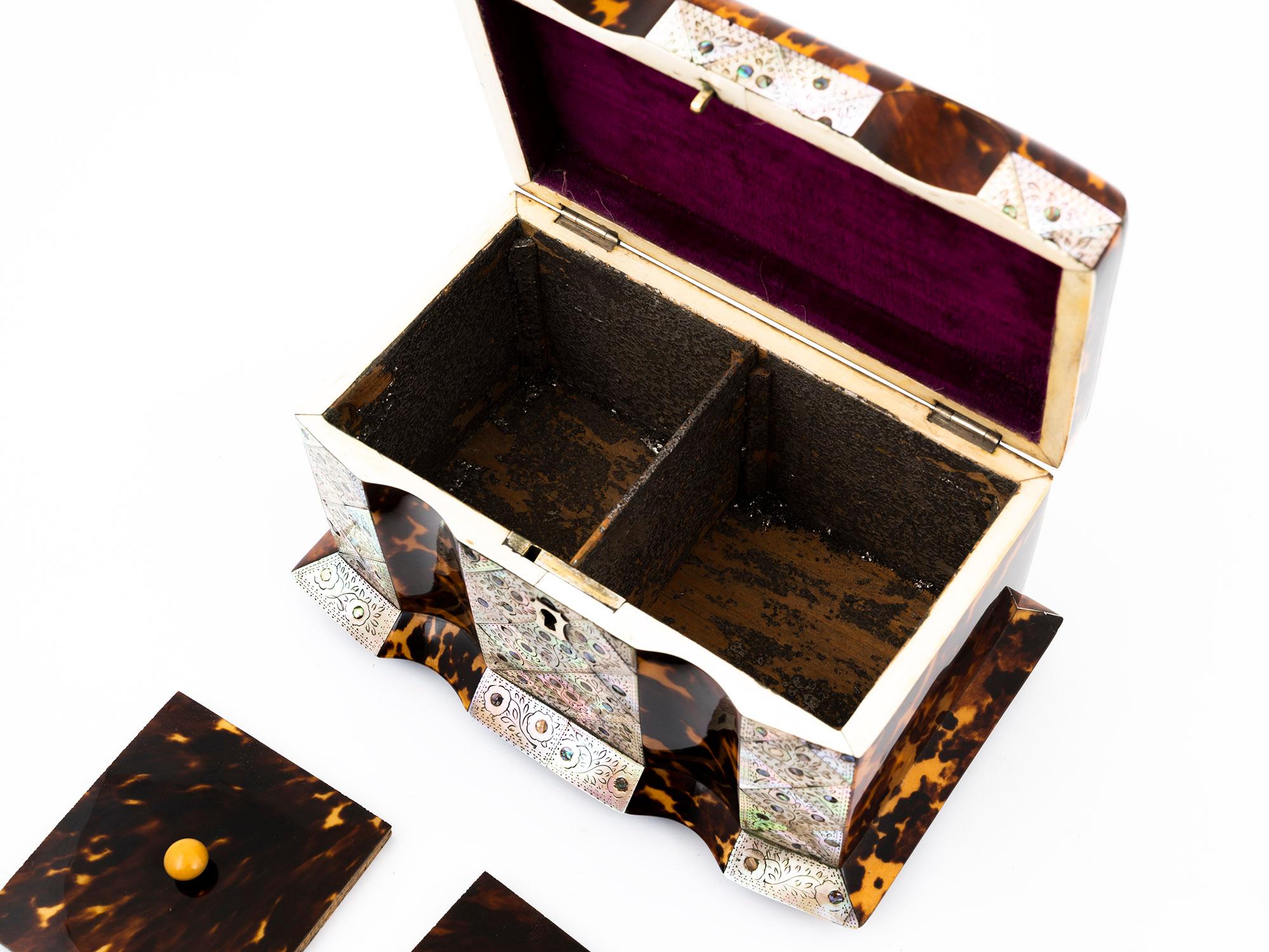 Regency Tortoiseshell and Mother of Pearl Serpentine Tea Caddy For Sale 1